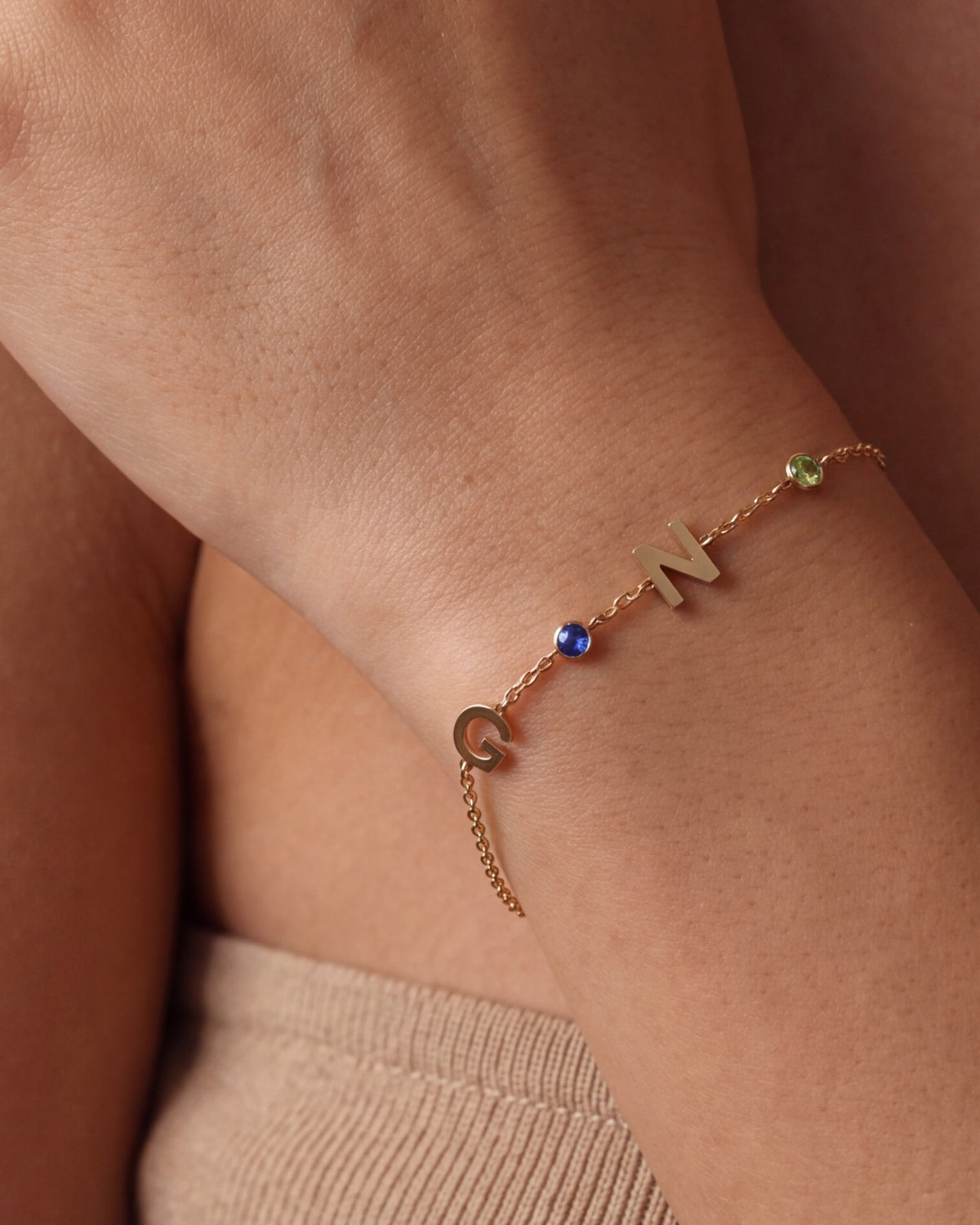 Personalized Initial & Birthstone Bracelet – close-up