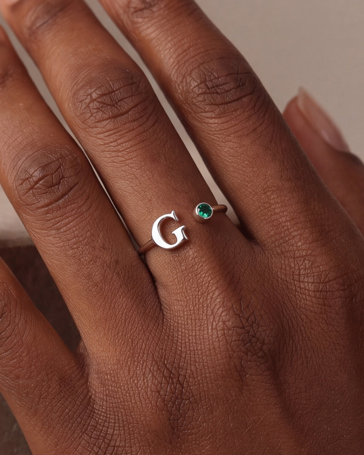 Personalized Initial & Birthstone Open Ring – close-up