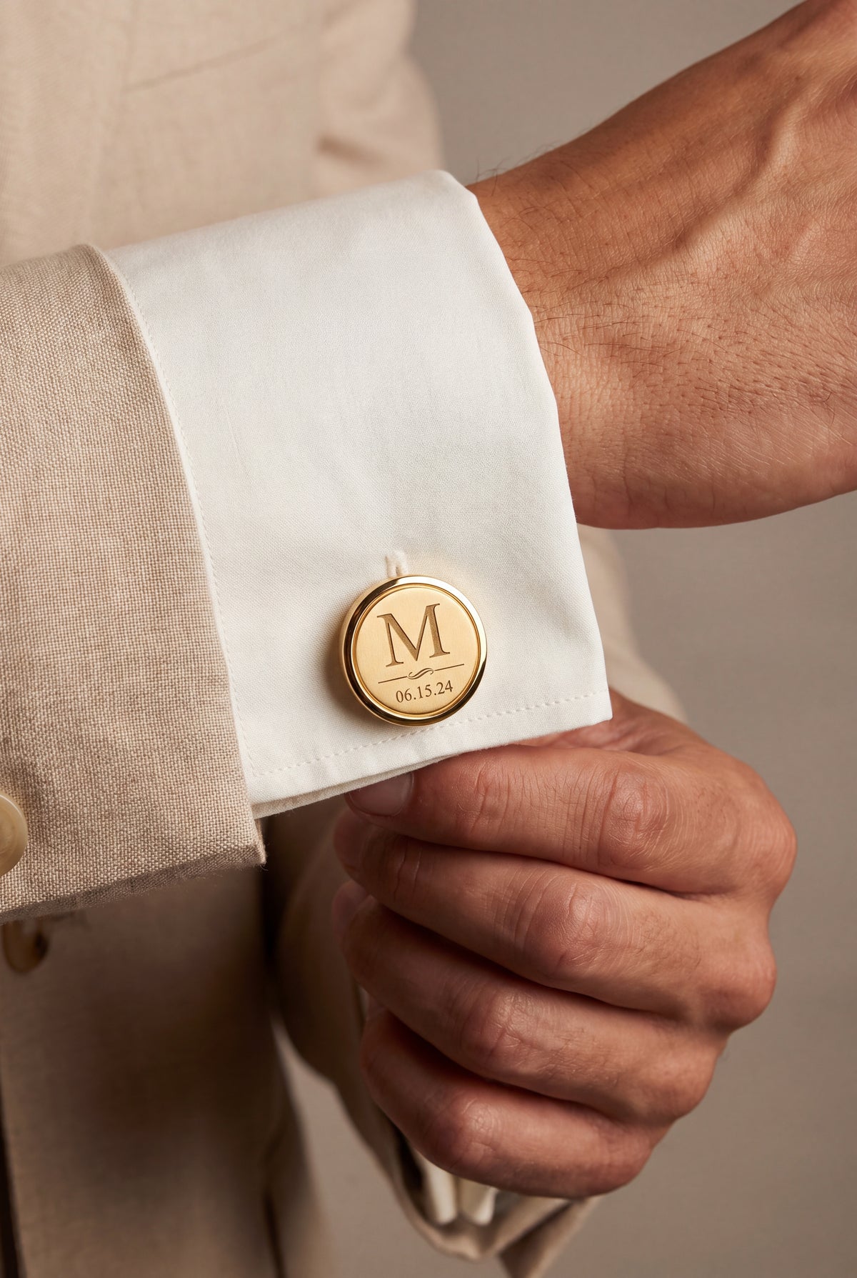 Personalized Initial & Date Cufflinks – on model