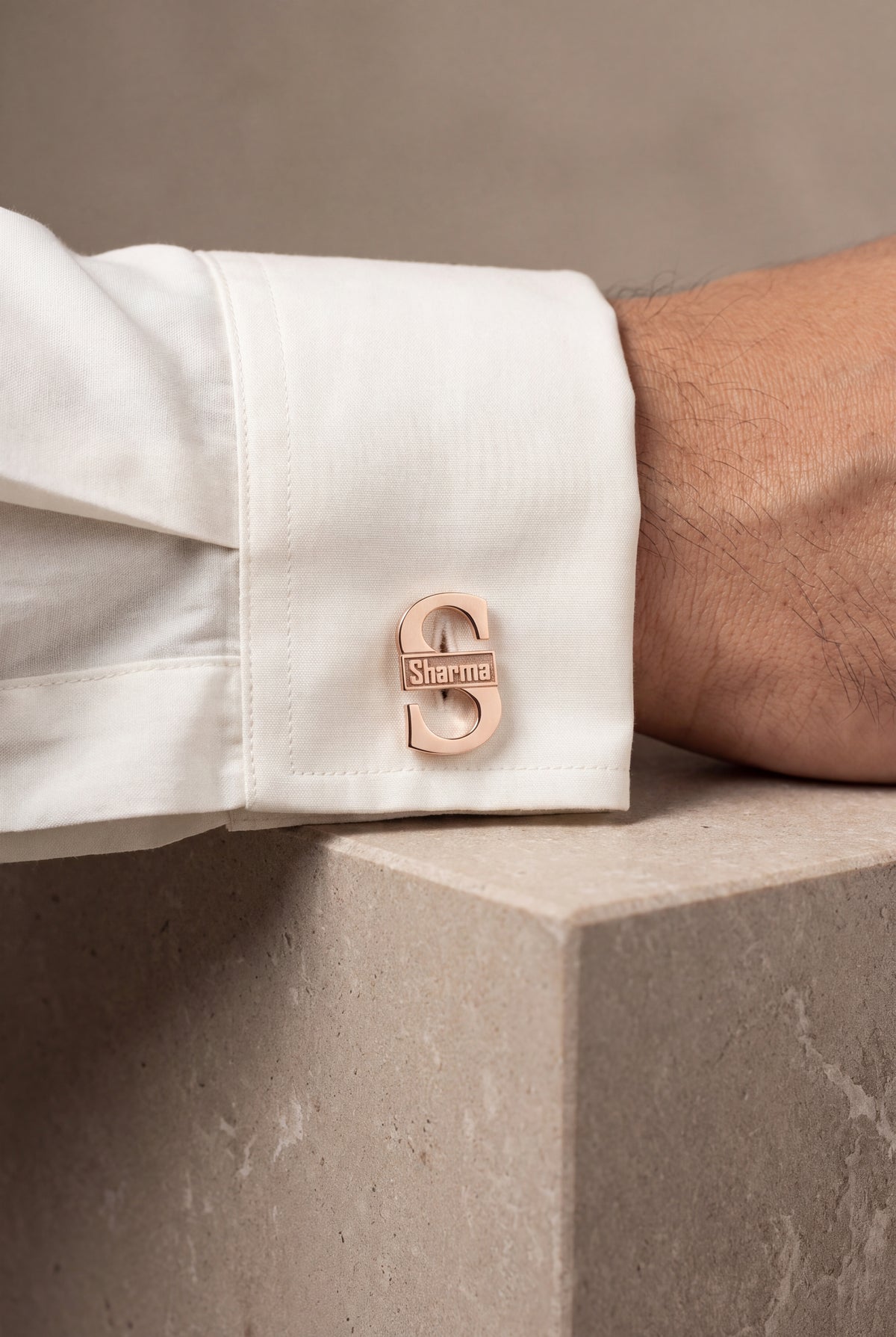 Personalized Initial & Name Band Cufflinks – on model, second view