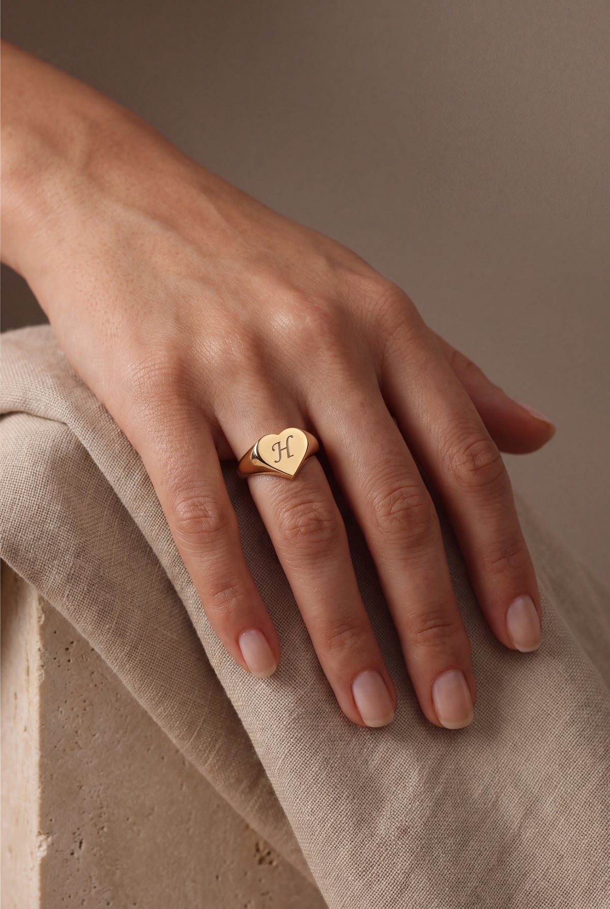 Personalized Initial Heart Signet Ring – on model