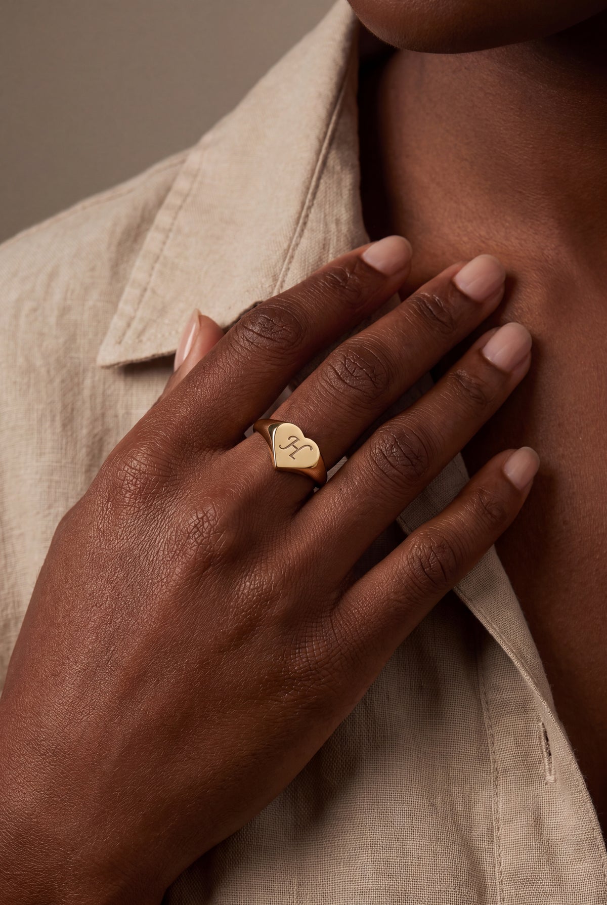 Personalized Initial Heart Signet Ring – on model, second view