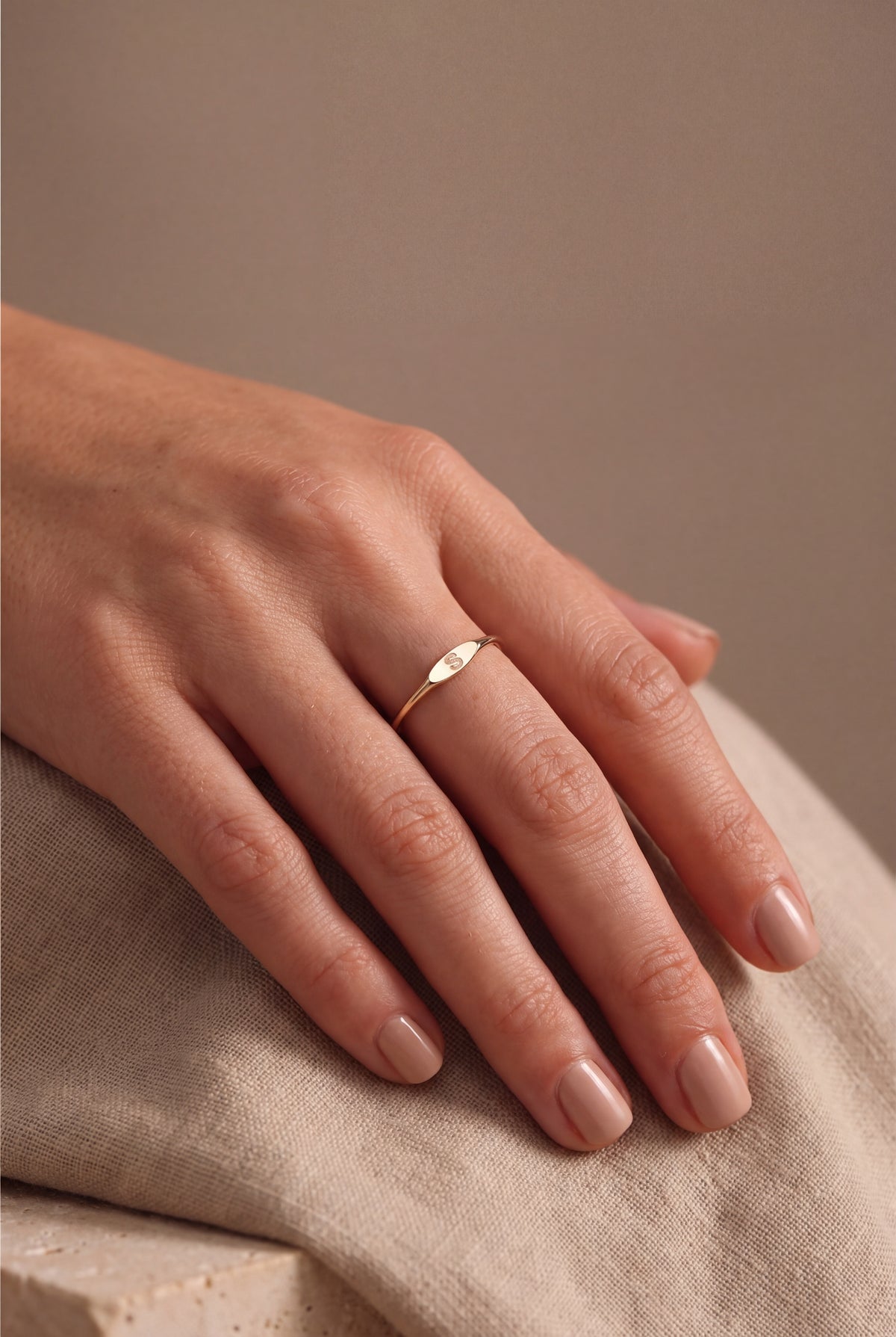 Personalized Initial Marquise Signet Ring – on model