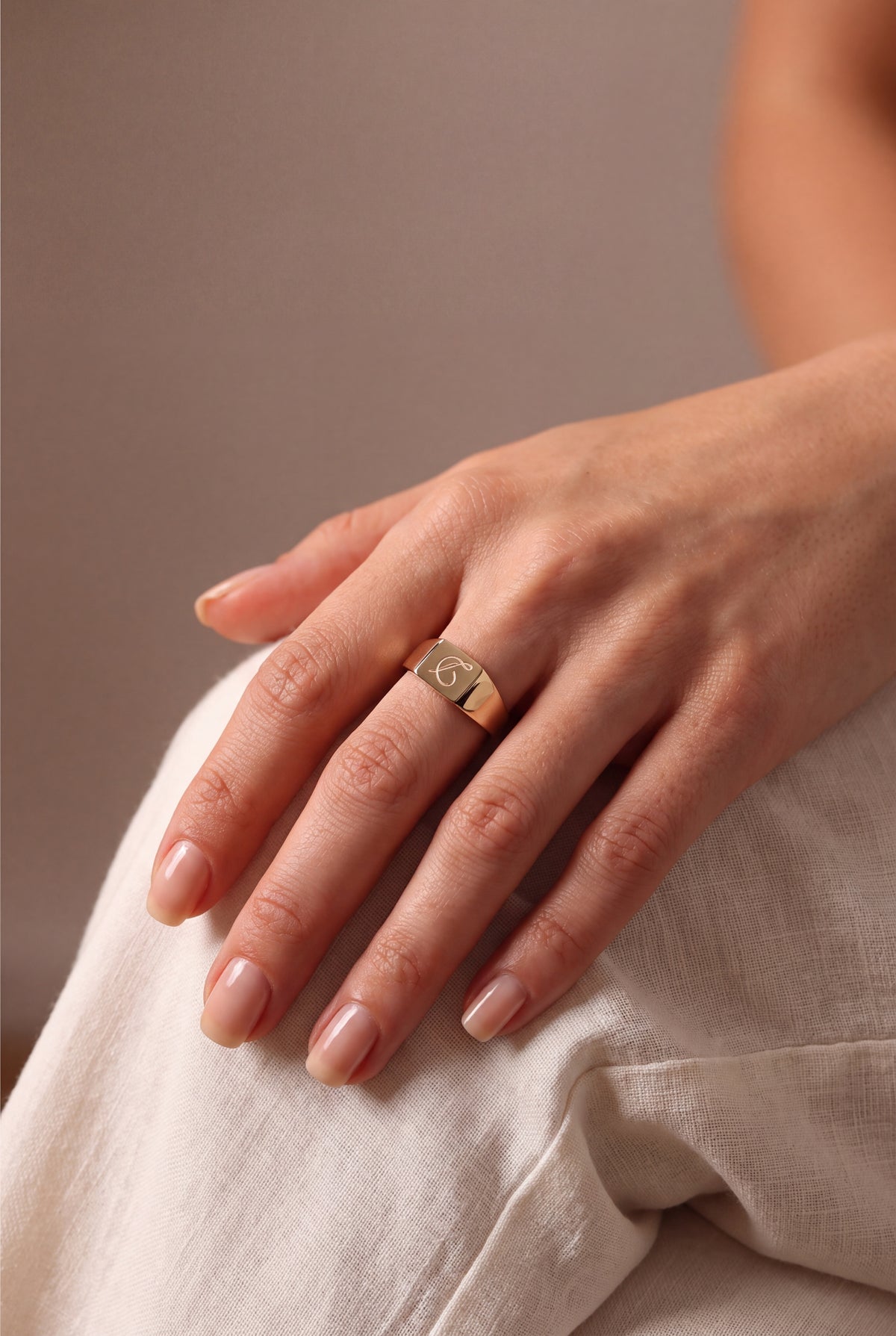 Personalized Initial Rectangle Signet Ring – on model, second view