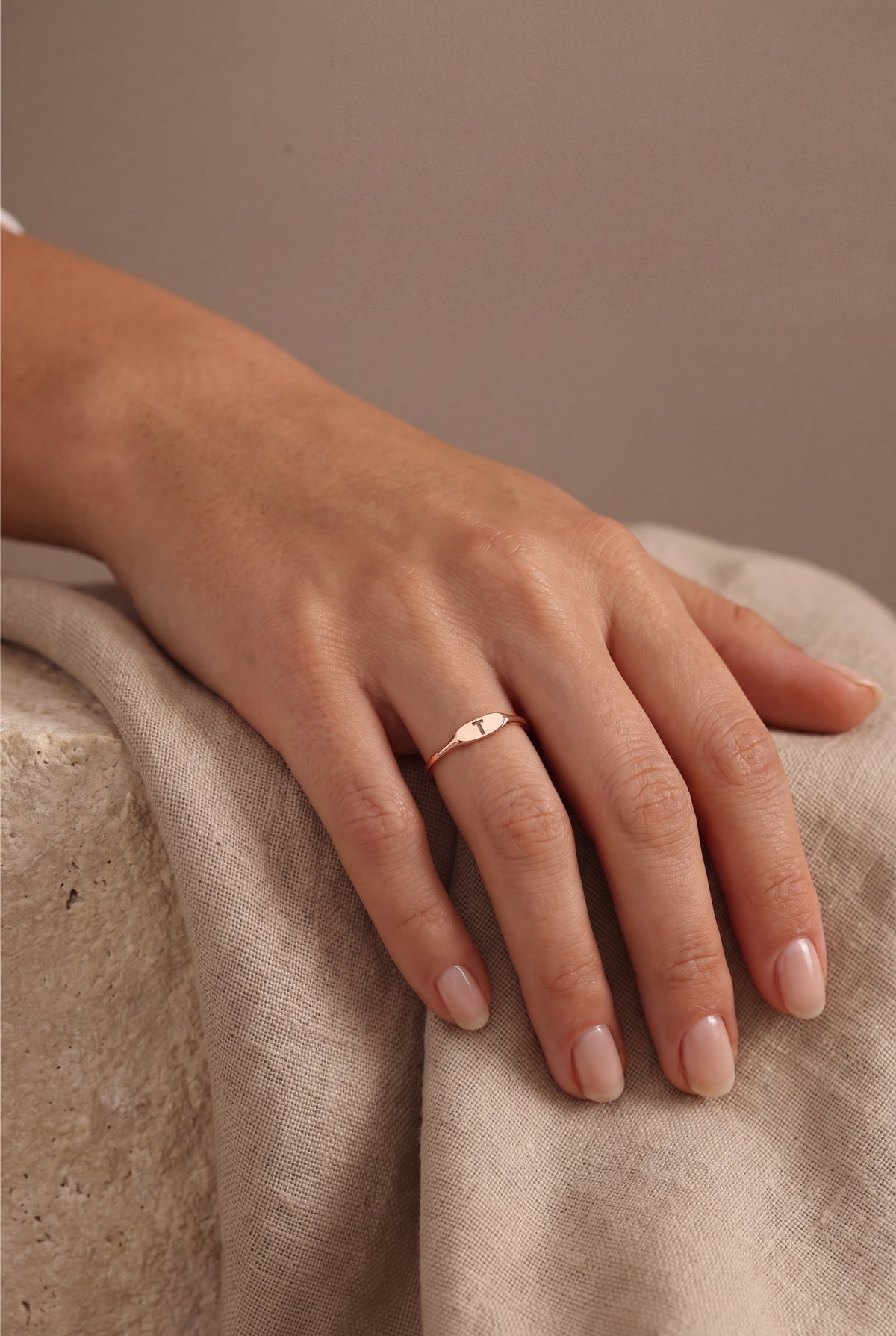 Personalized Initial Slim Marquise Signet Ring – on model