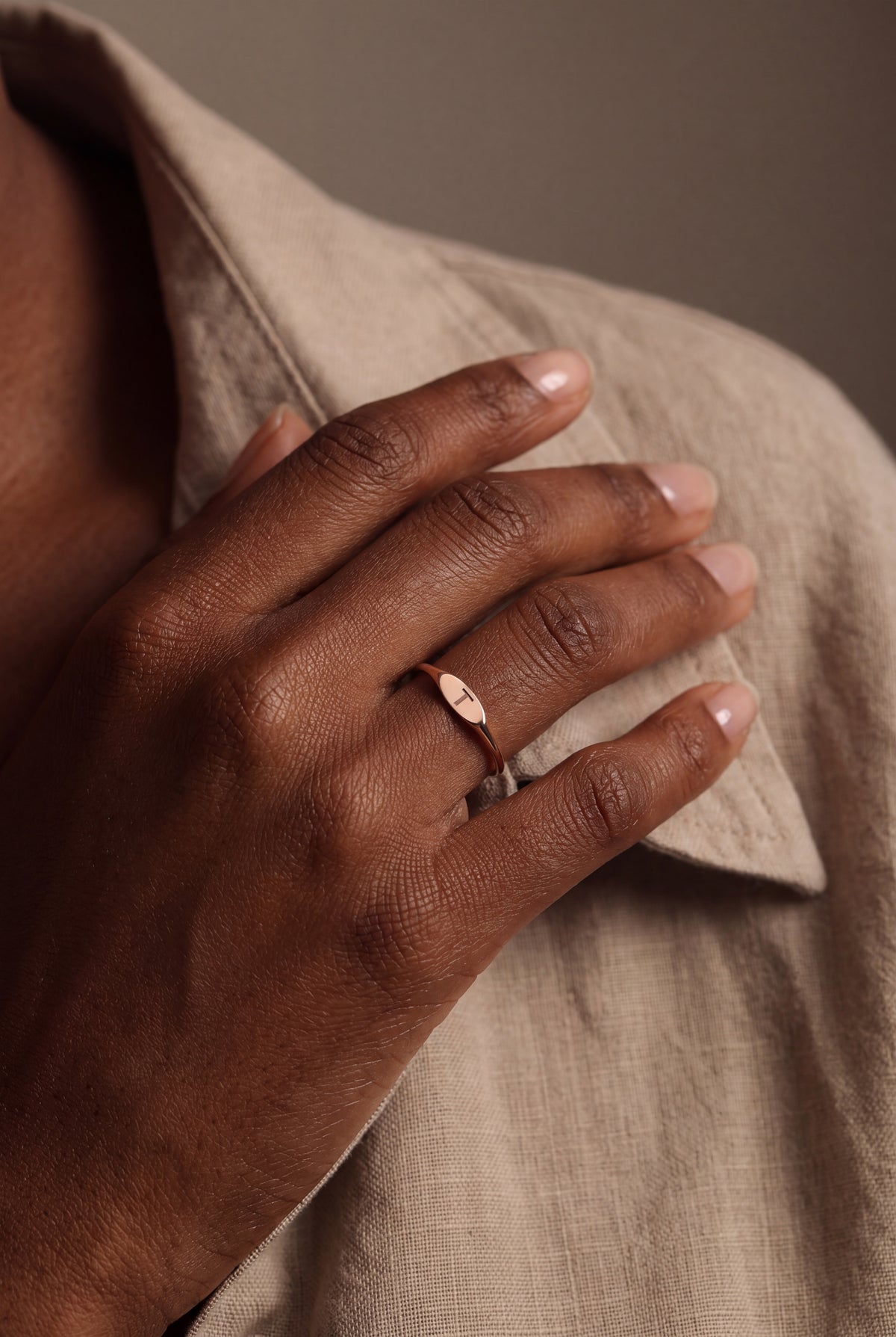 Personalized Initial Slim Marquise Signet Ring – on model, second view