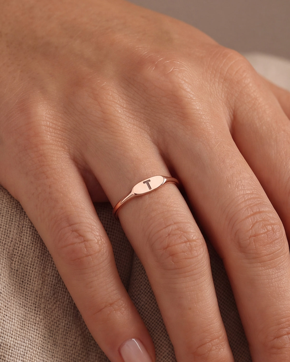 Personalized Initial Slim Marquise Signet Ring – close-up