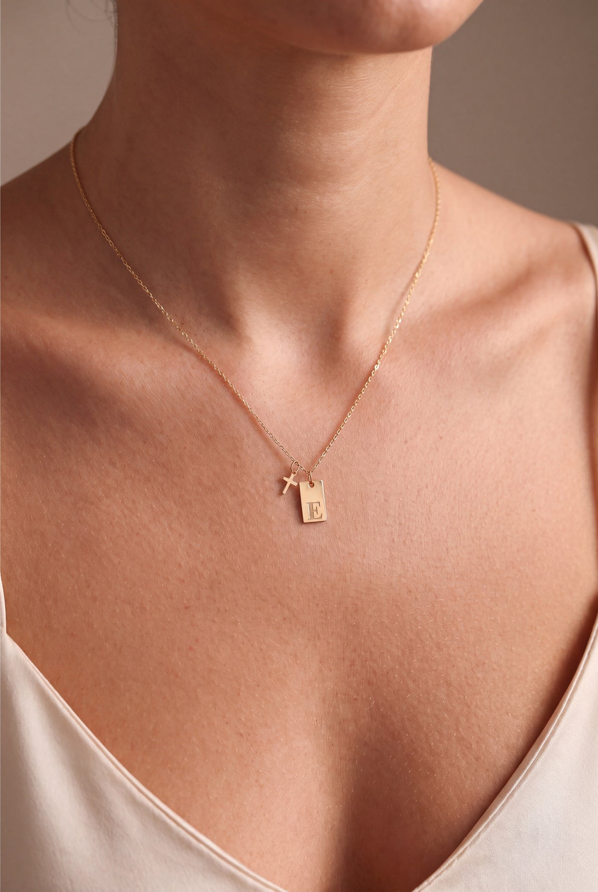 Personalized Initial Tag & Cross Necklace – on model, second view