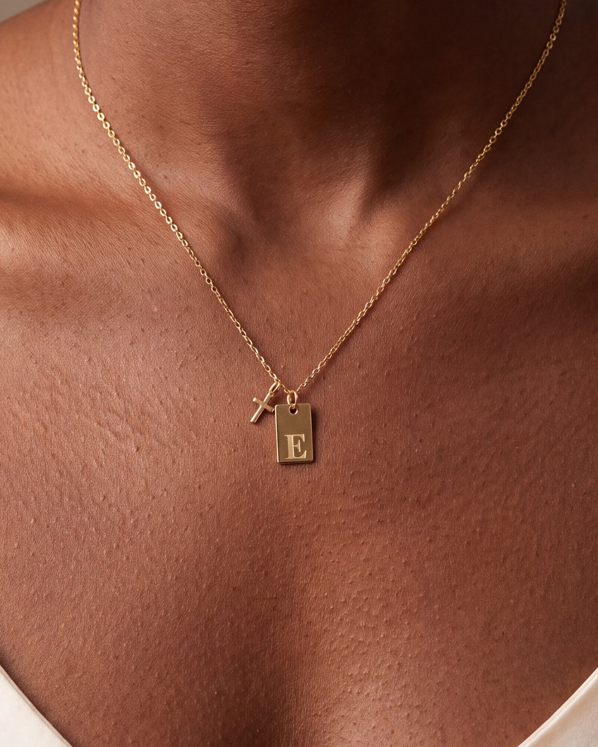 Personalized Initial Tag & Cross Necklace – close-up