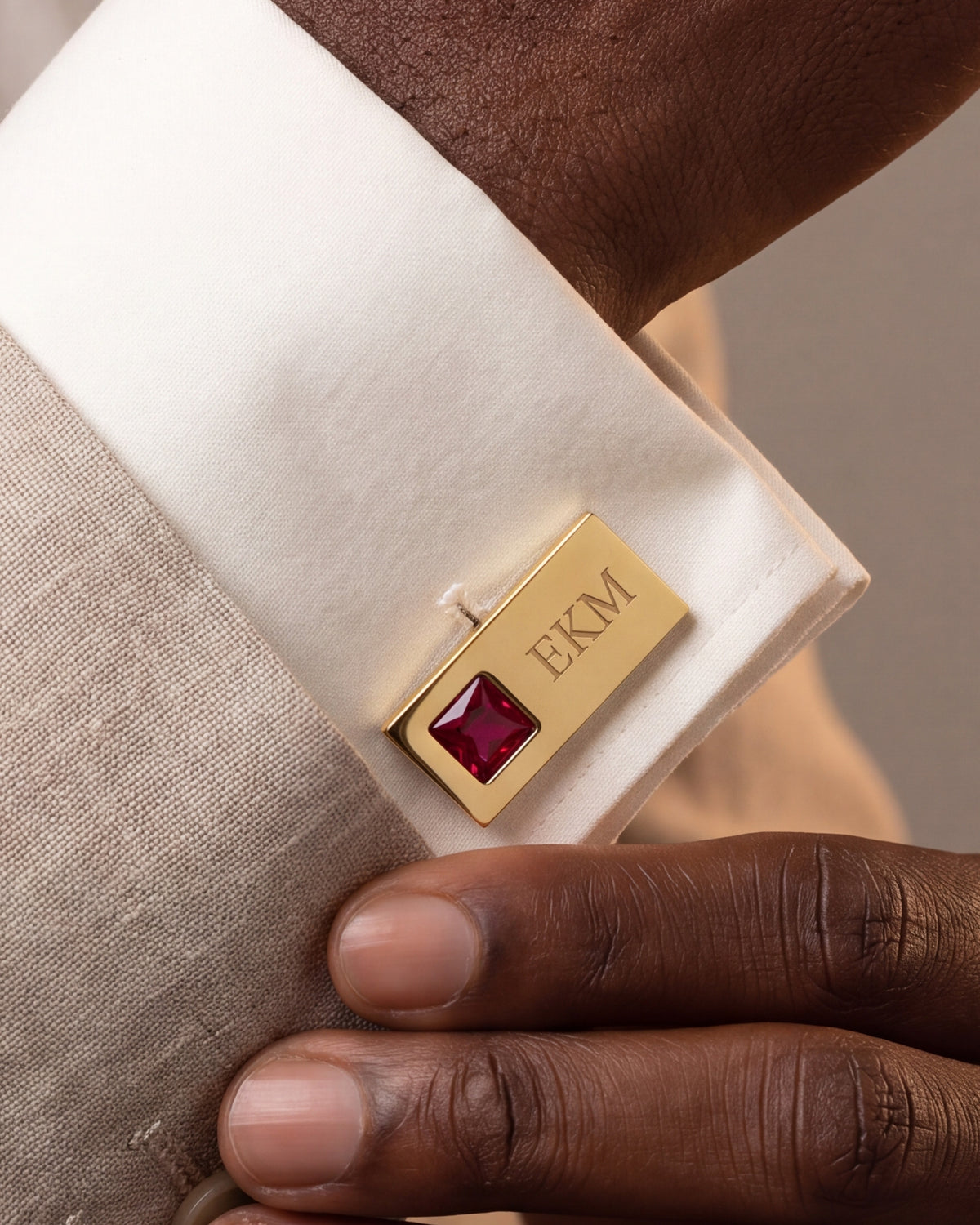 Personalized Initials & Square Stone Bar Cufflinks – close-up