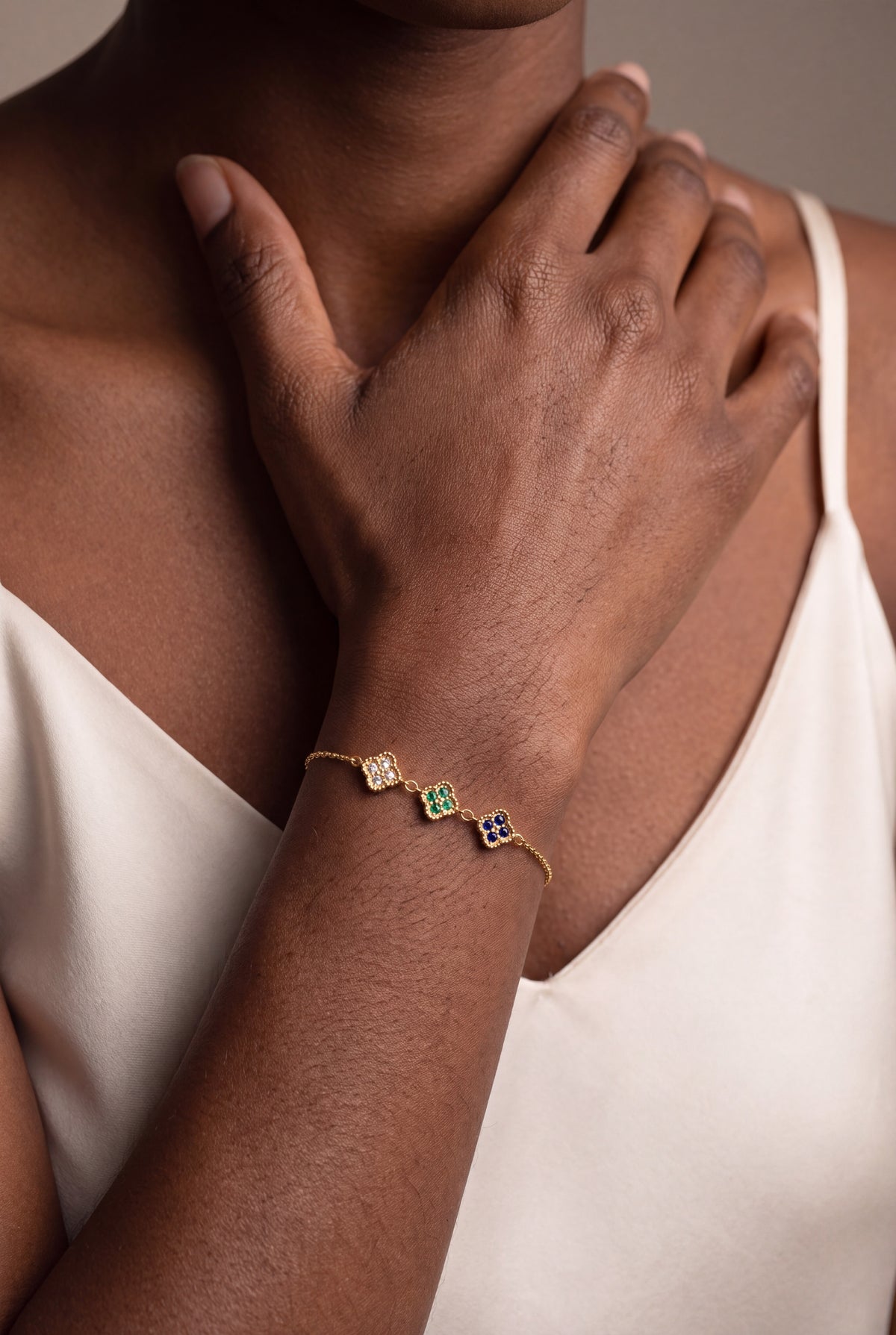 Personalized Linked Birthstone Clover Bracelet – on model