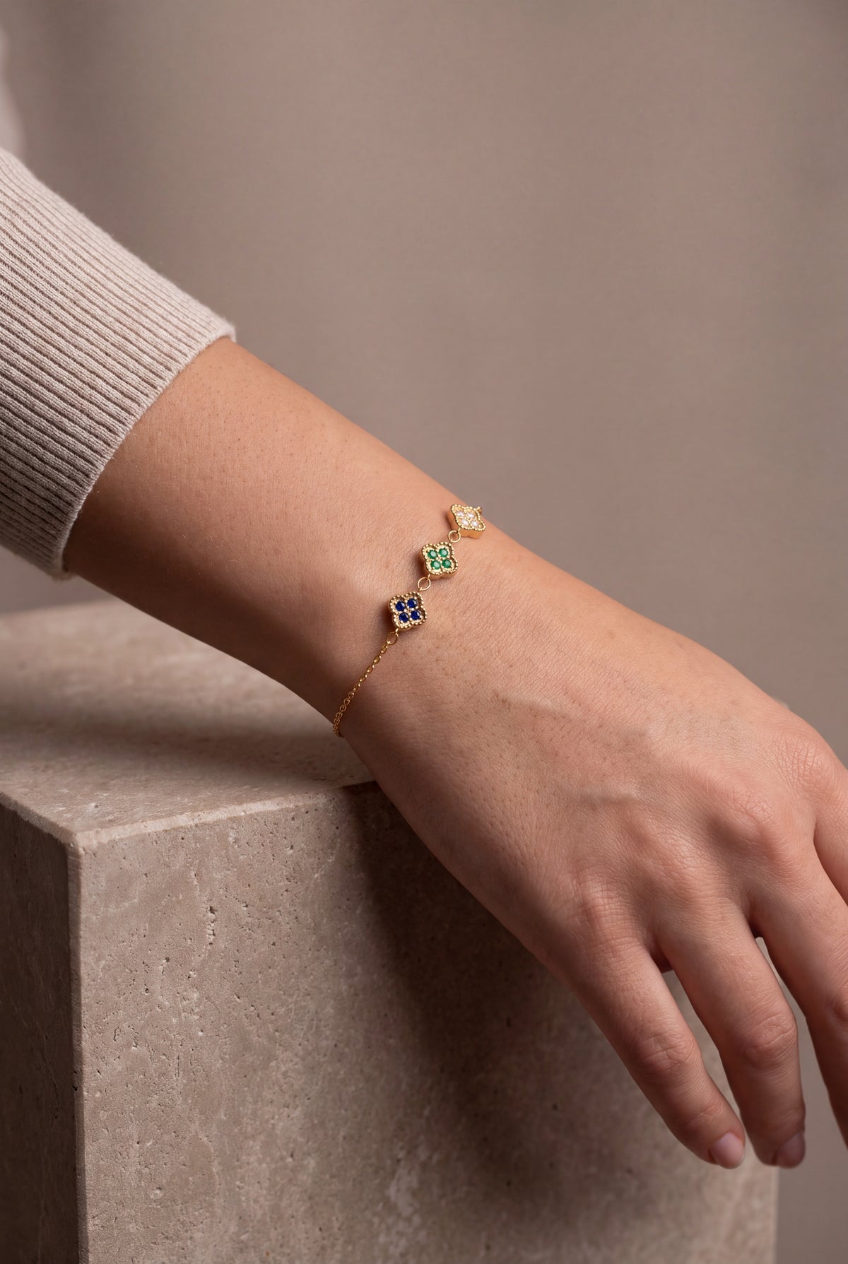 Personalized Linked Birthstone Clover Bracelet – on model, second view