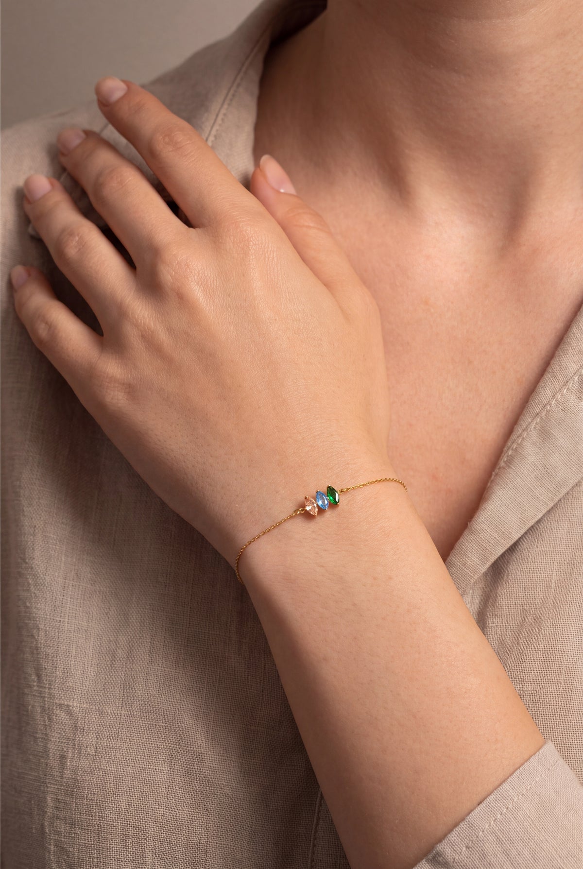 Personalized Marquise Birthstone Bracelet – on model