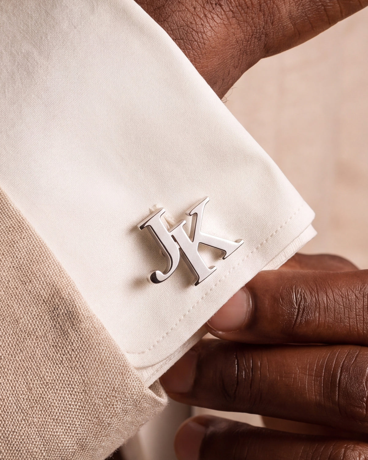Personalized Mirror-Polished Serif Initial Cufflinks – close-up
