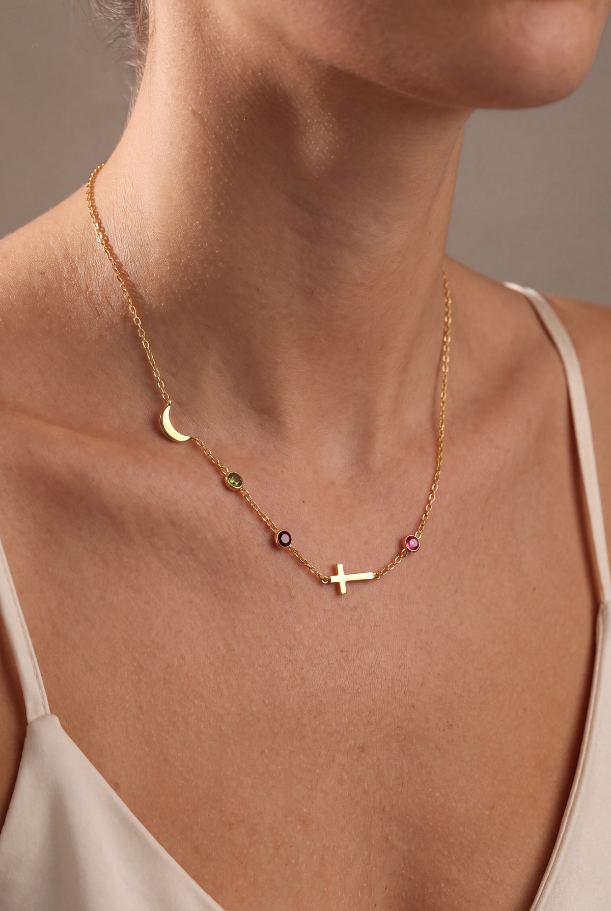 Personalized Moon, Cross & Birthstone Station Necklace – on model, second view