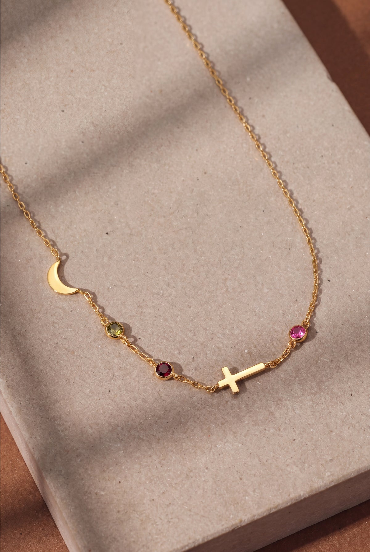 Personalized Moon, Cross & Birthstone Station Necklace – product detail