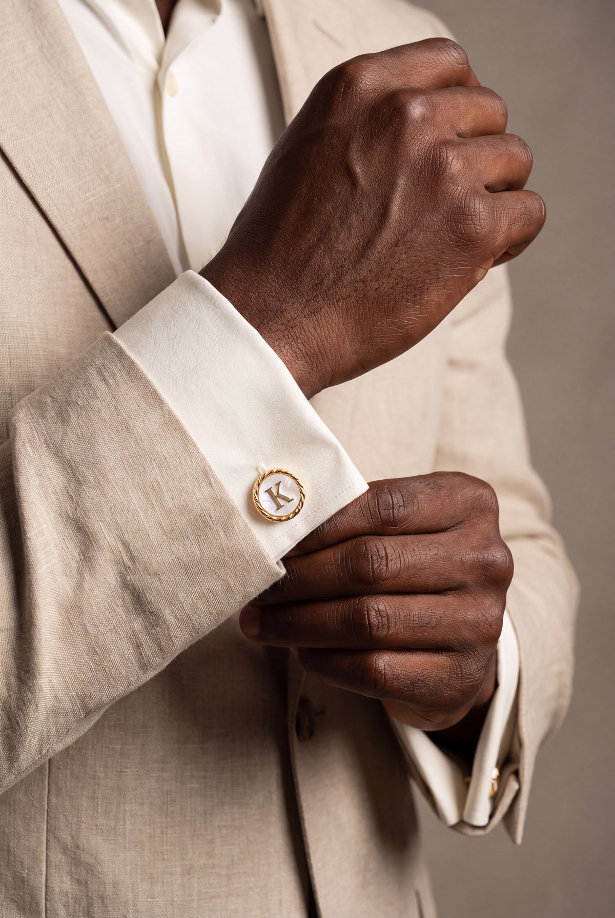 Personalized Mother-of-Pearl Initial Cufflinks – on model