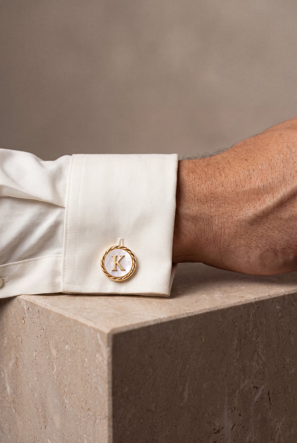 Personalized Mother-of-Pearl Initial Cufflinks – on model, second view