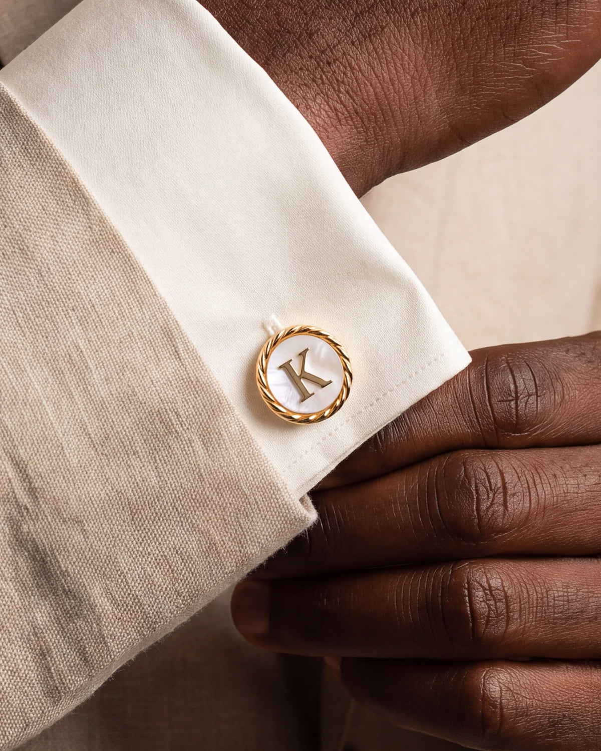Personalized Mother-of-Pearl Initial Cufflinks – close-up