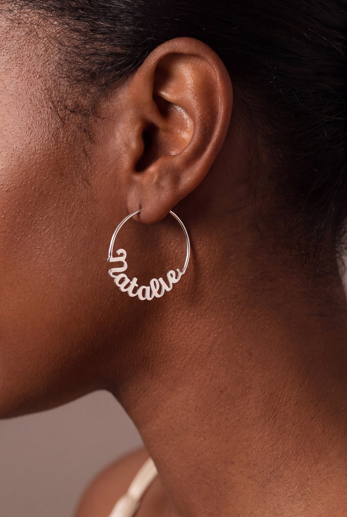 Personalized Name Hoop Earrings – on model, second view