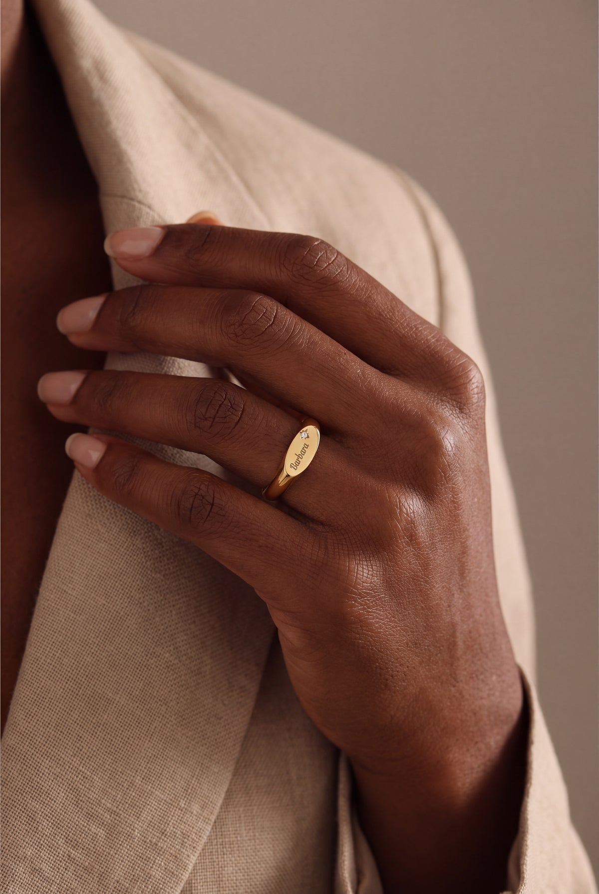 Personalized Name Oval Signet Ring with Star Stone – on model