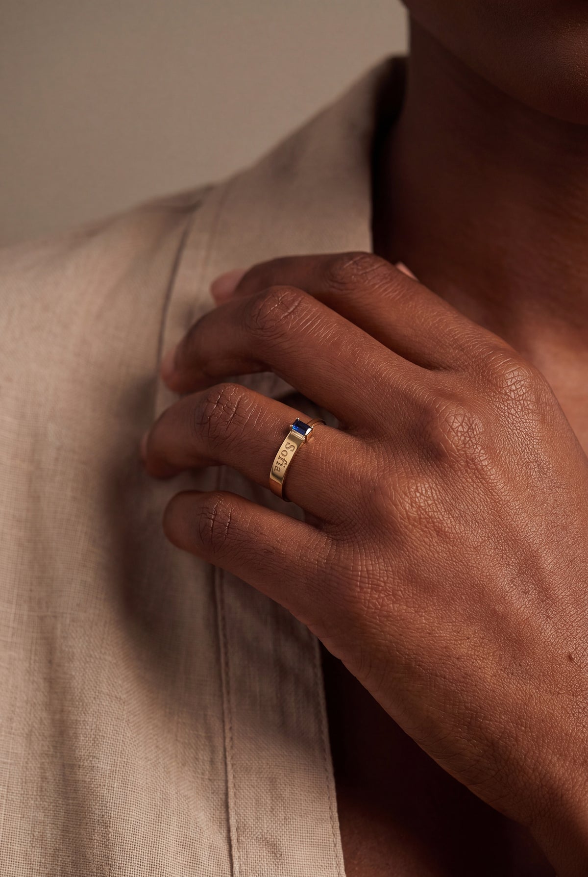 Personalized Name Ring with Baguette Birthstone – on model, second view