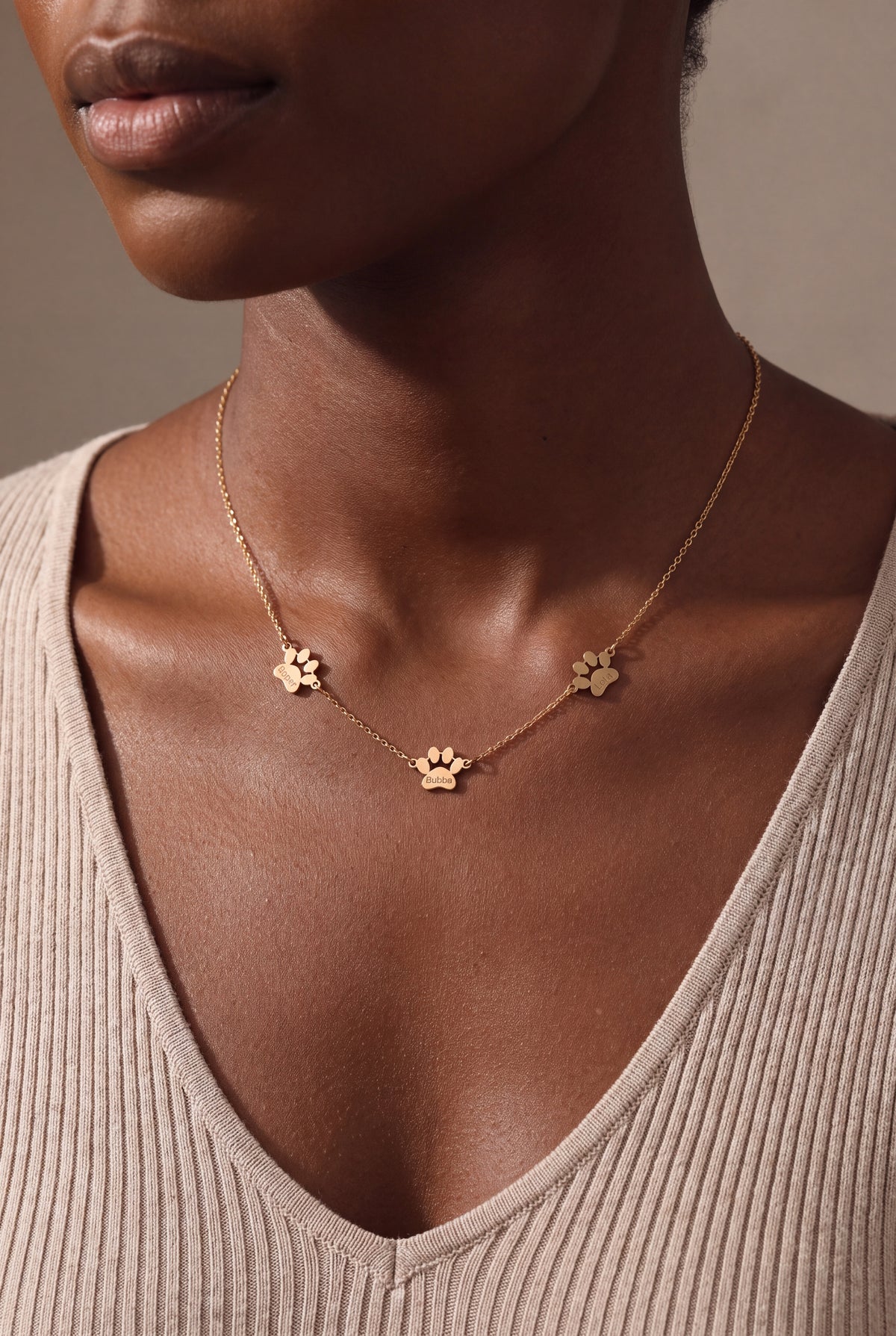 Personalized Paw Print Pet Name Necklace – on model