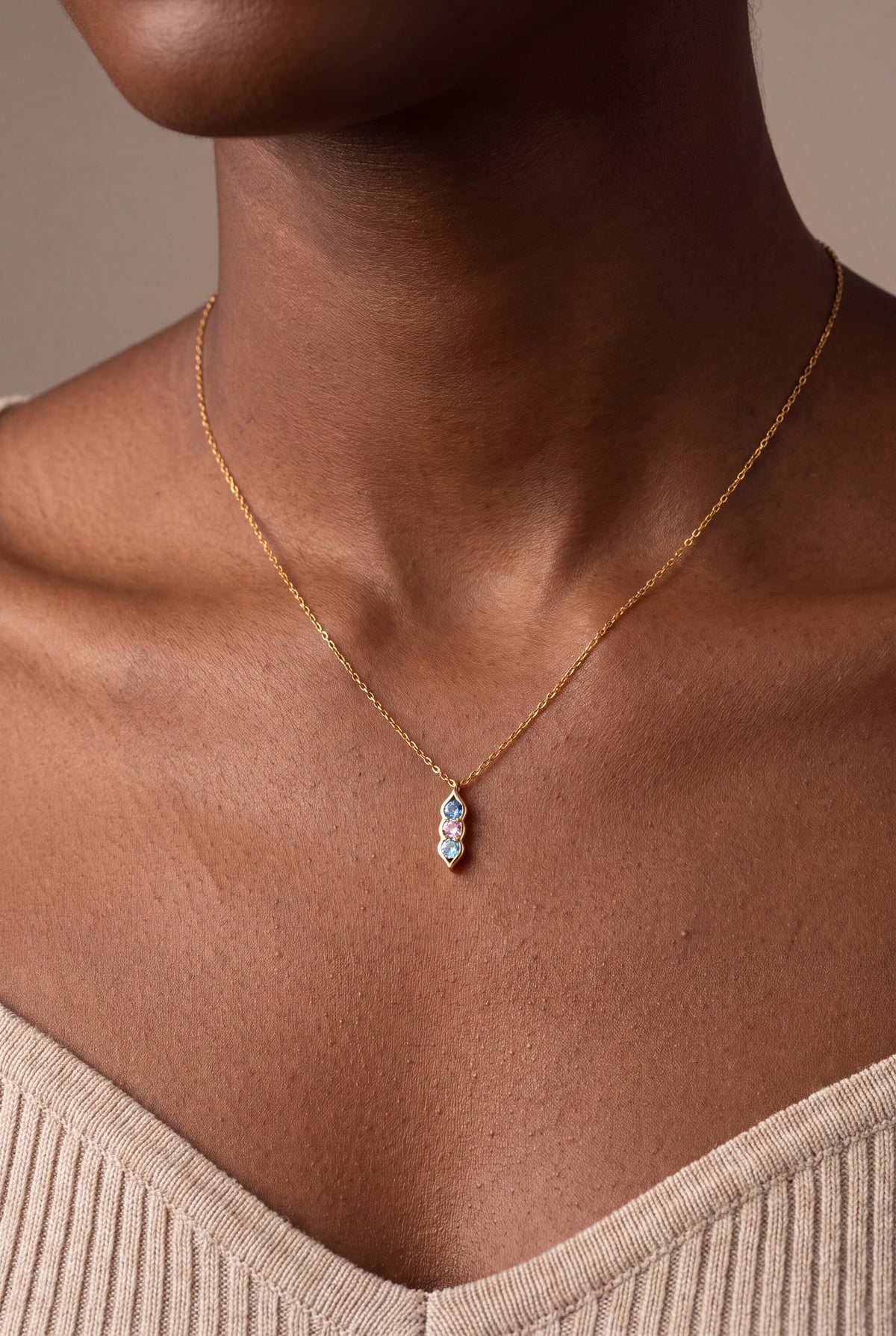 Personalized Peas in a Pod Birthstone Necklace – on model, second view