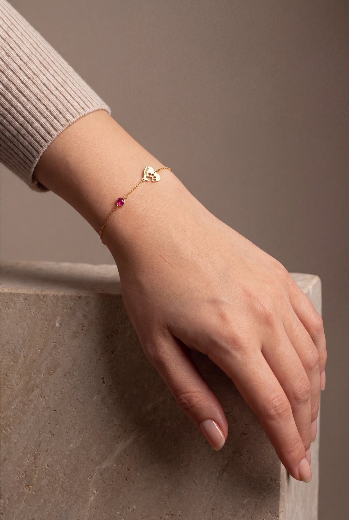 Personalized Pet Name & Birthstone Heart Bracelet – on model, second view