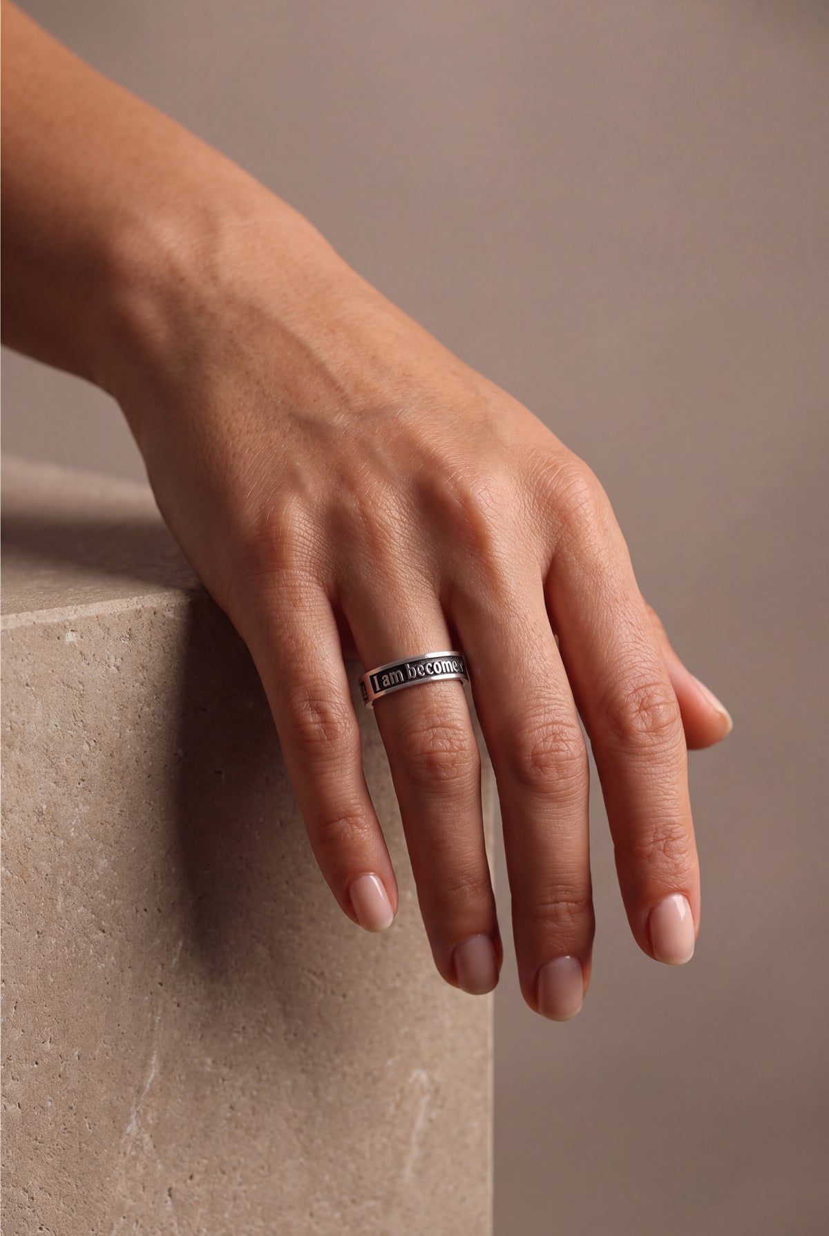 Personalized Raised Text Band Ring – on model, second view