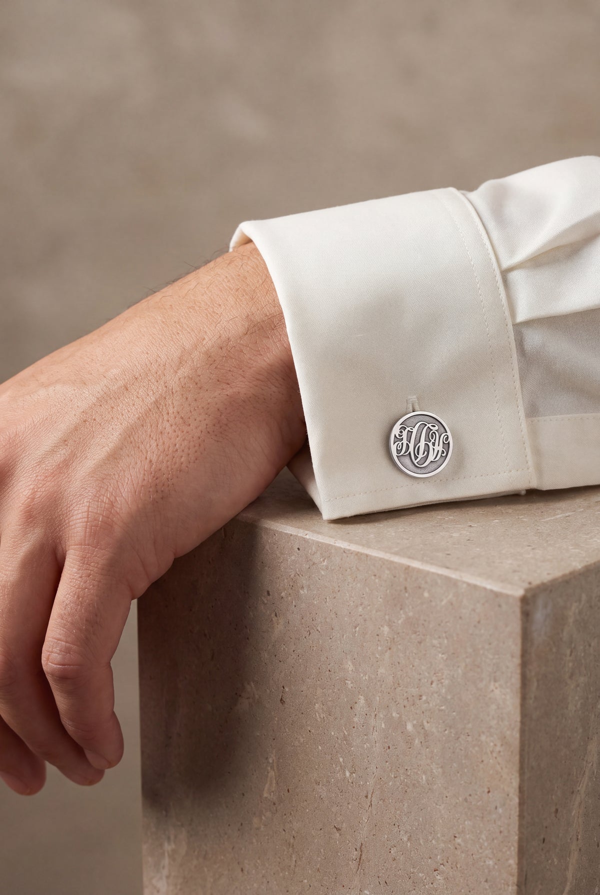 Personalized Round Monogram Cufflinks – on model, second view