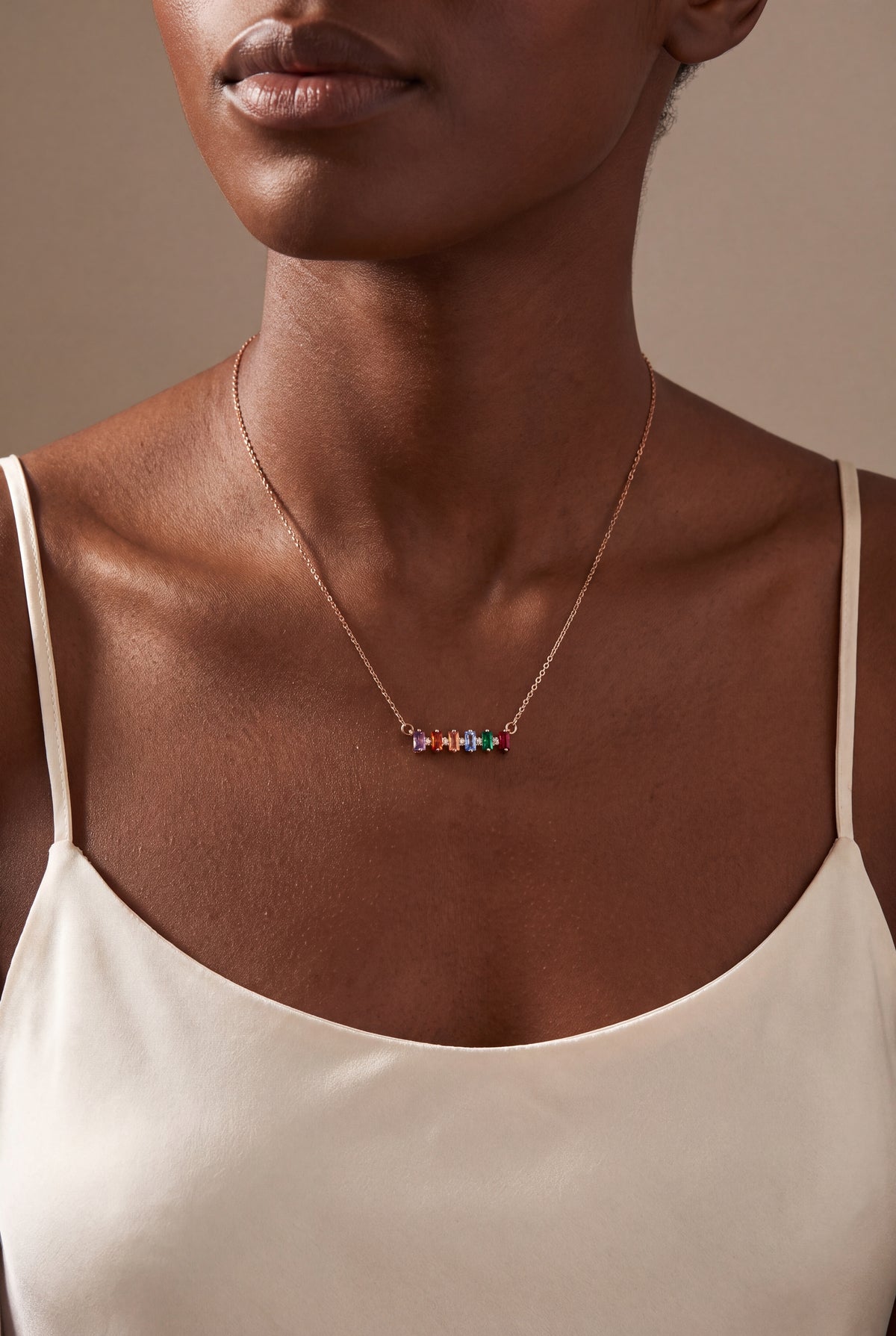Personalized Six Baguette Birthstone Bar Necklace – on model