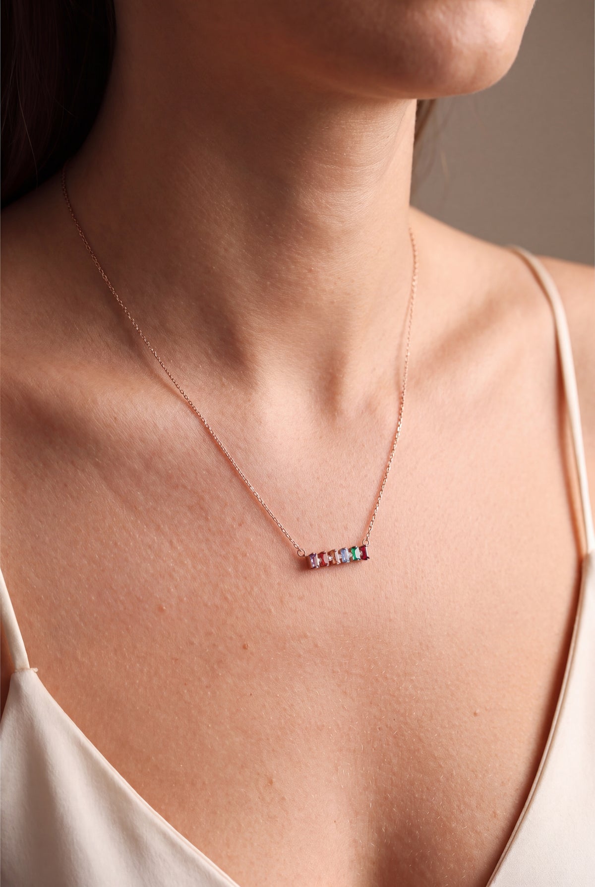 Personalized Six Baguette Birthstone Bar Necklace – on model, second view