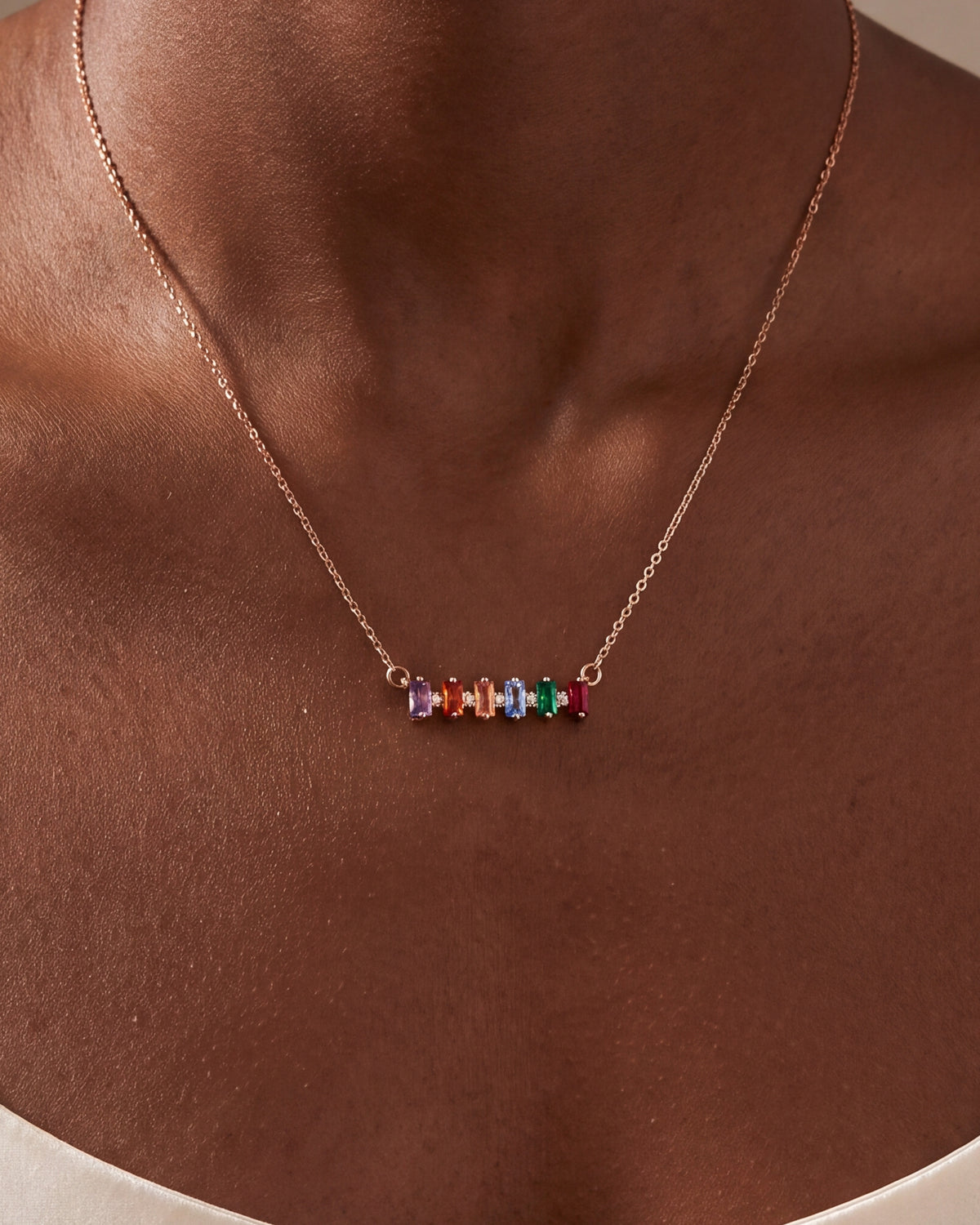 Personalized Six Baguette Birthstone Bar Necklace – close-up
