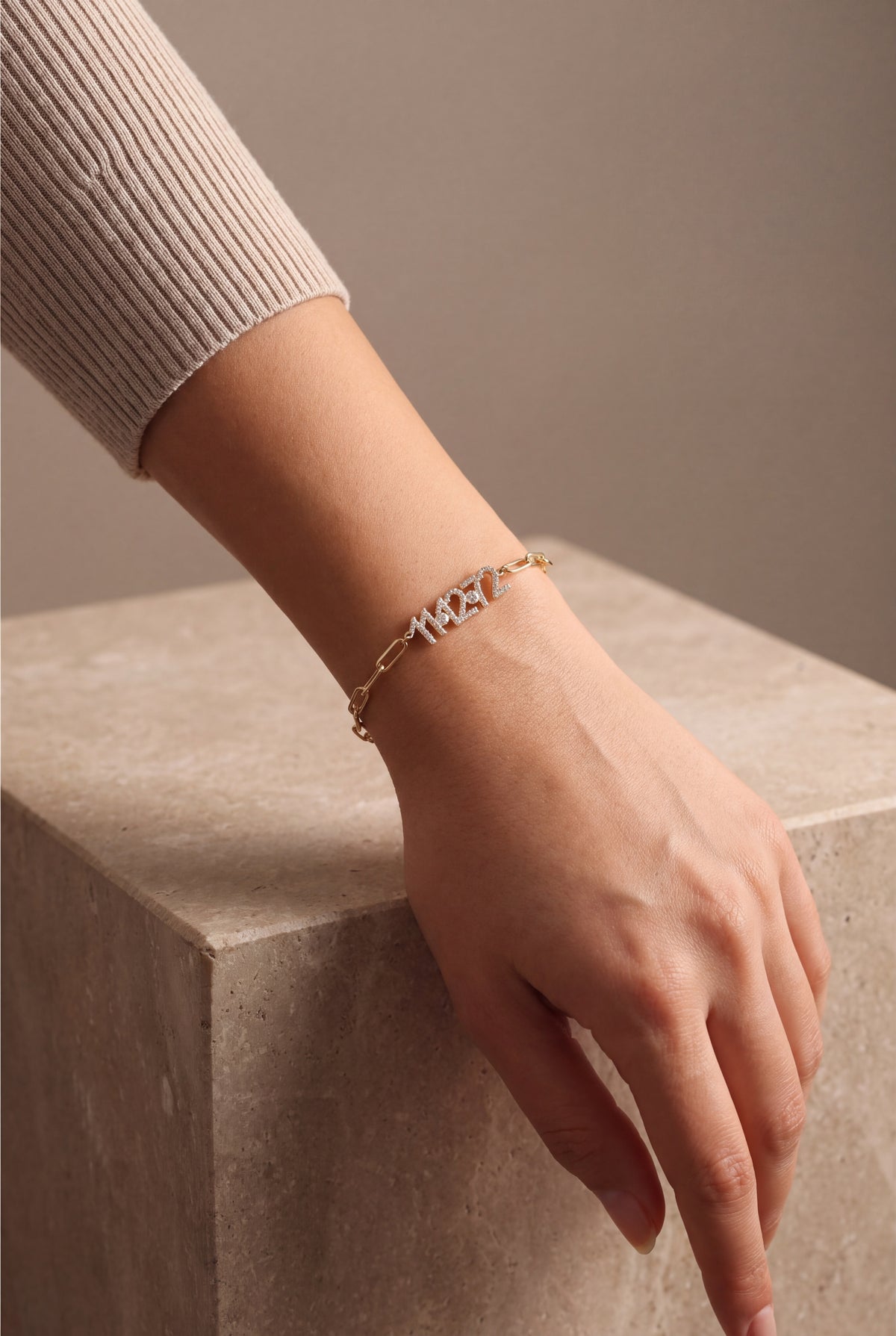 Personalized Sparkling Date Paperclip Chain Bracelet – on model, second view