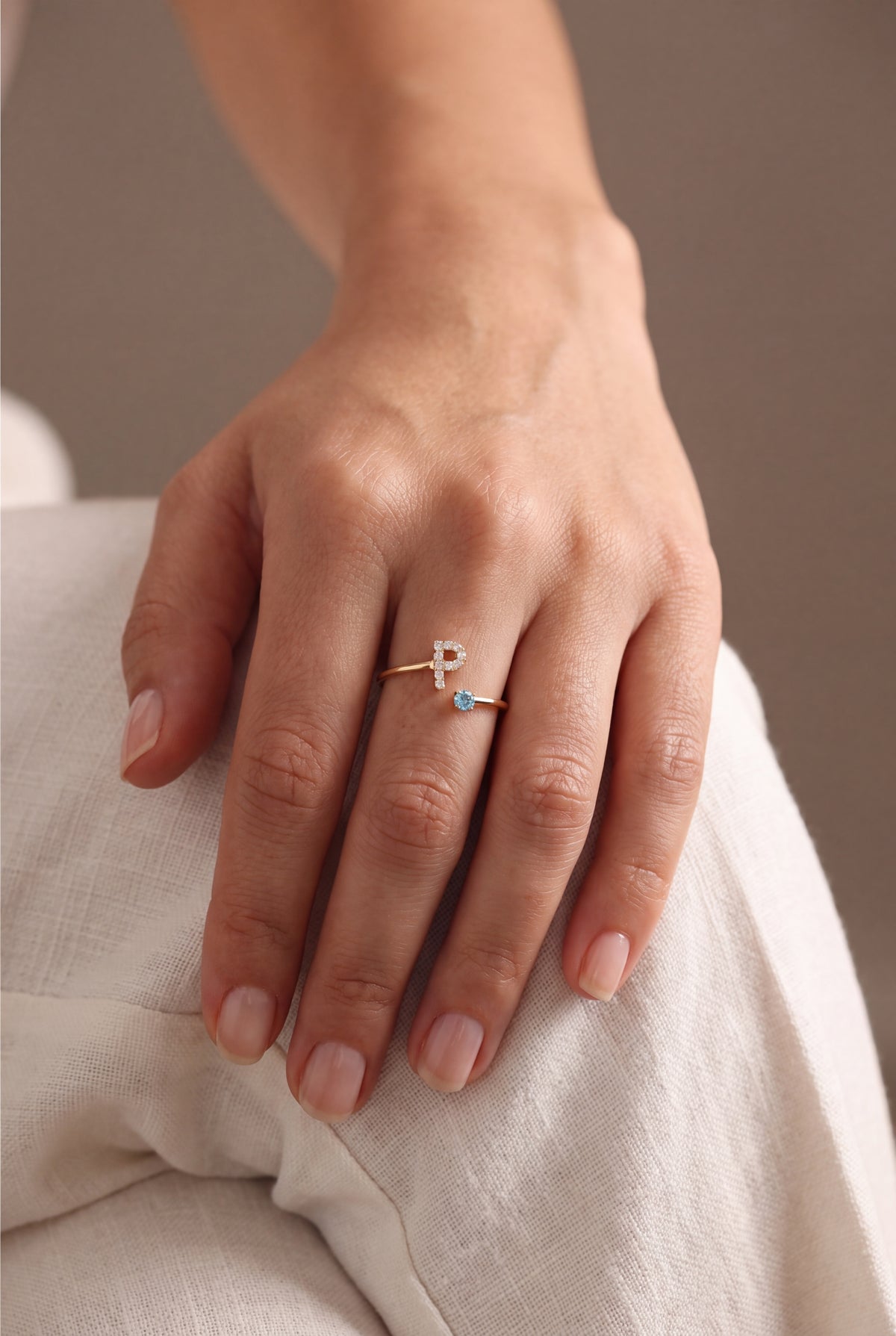 Personalized Stone-Set Initial & Birthstone Wrap Ring – on model, second view