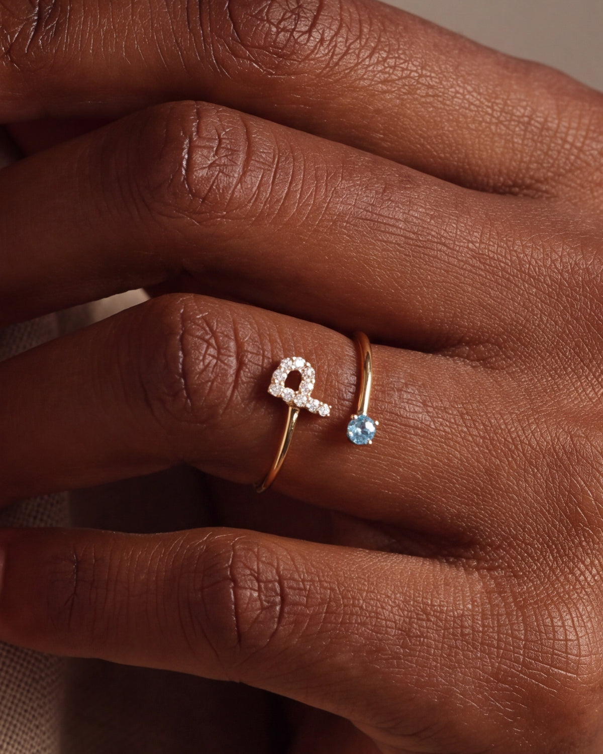 Personalized Stone-Set Initial & Birthstone Wrap Ring – close-up