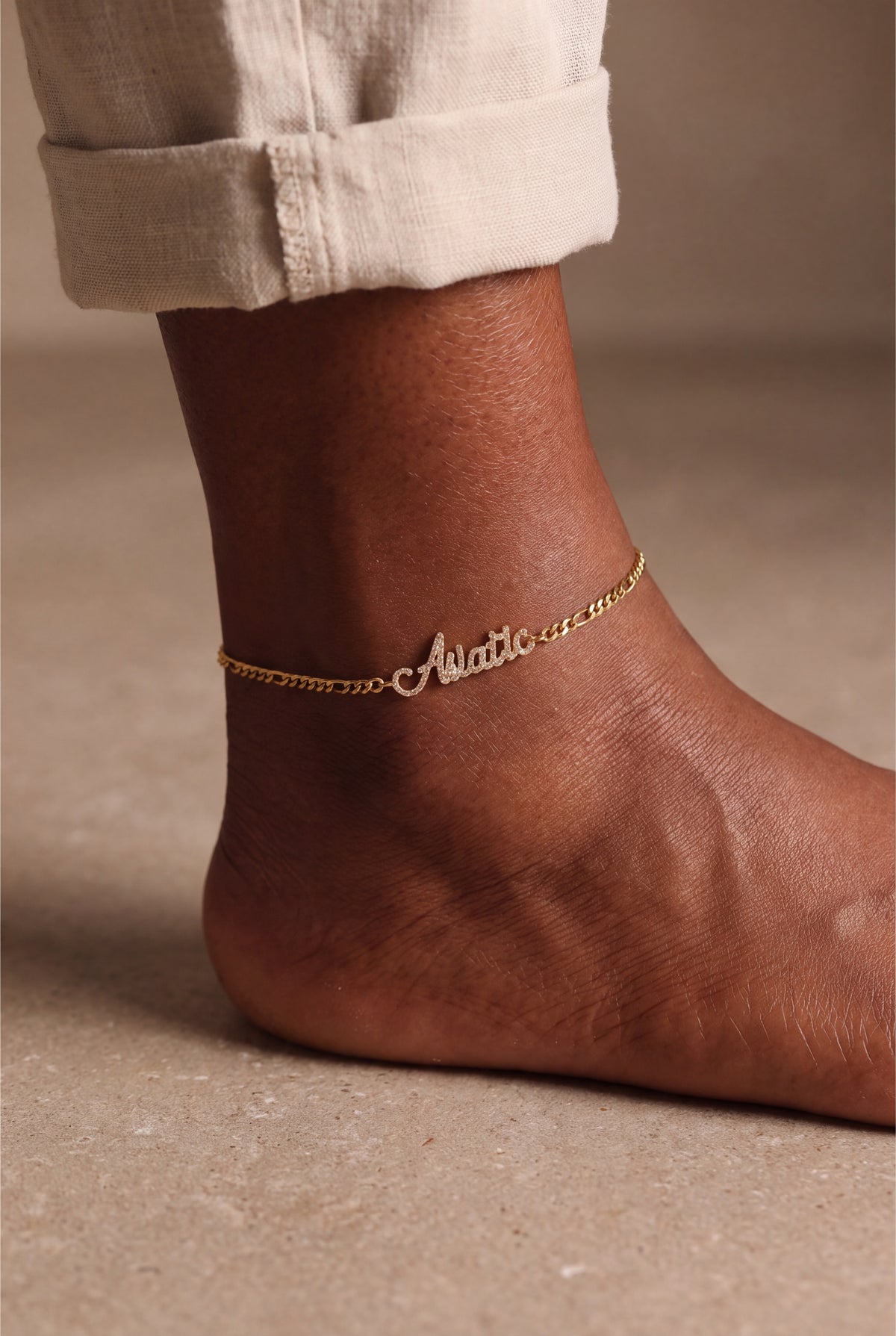 Personalized Stone-Set Name Figaro Chain Anklet – on model