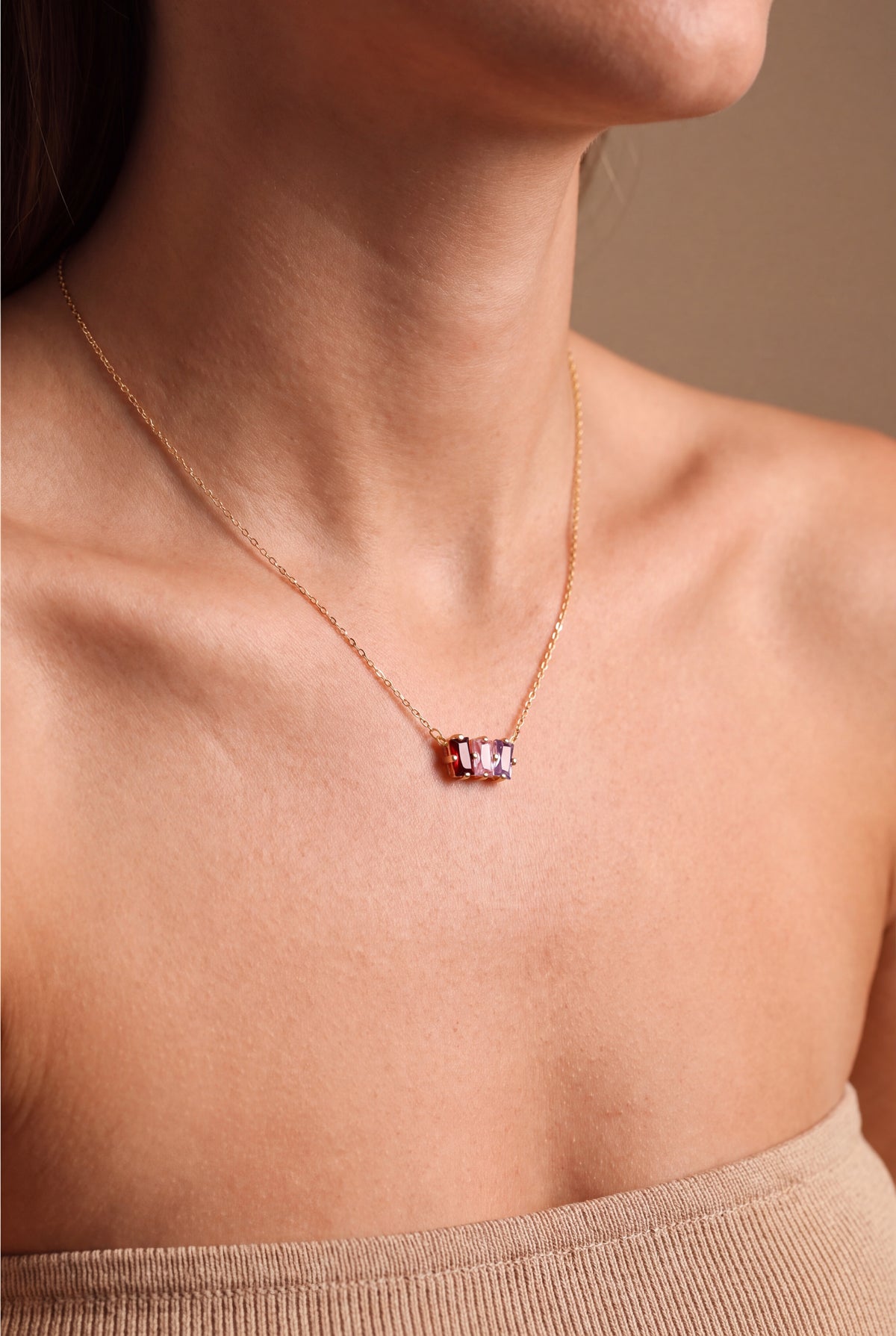 Personalized Three Baguette Birthstone Necklace – on model