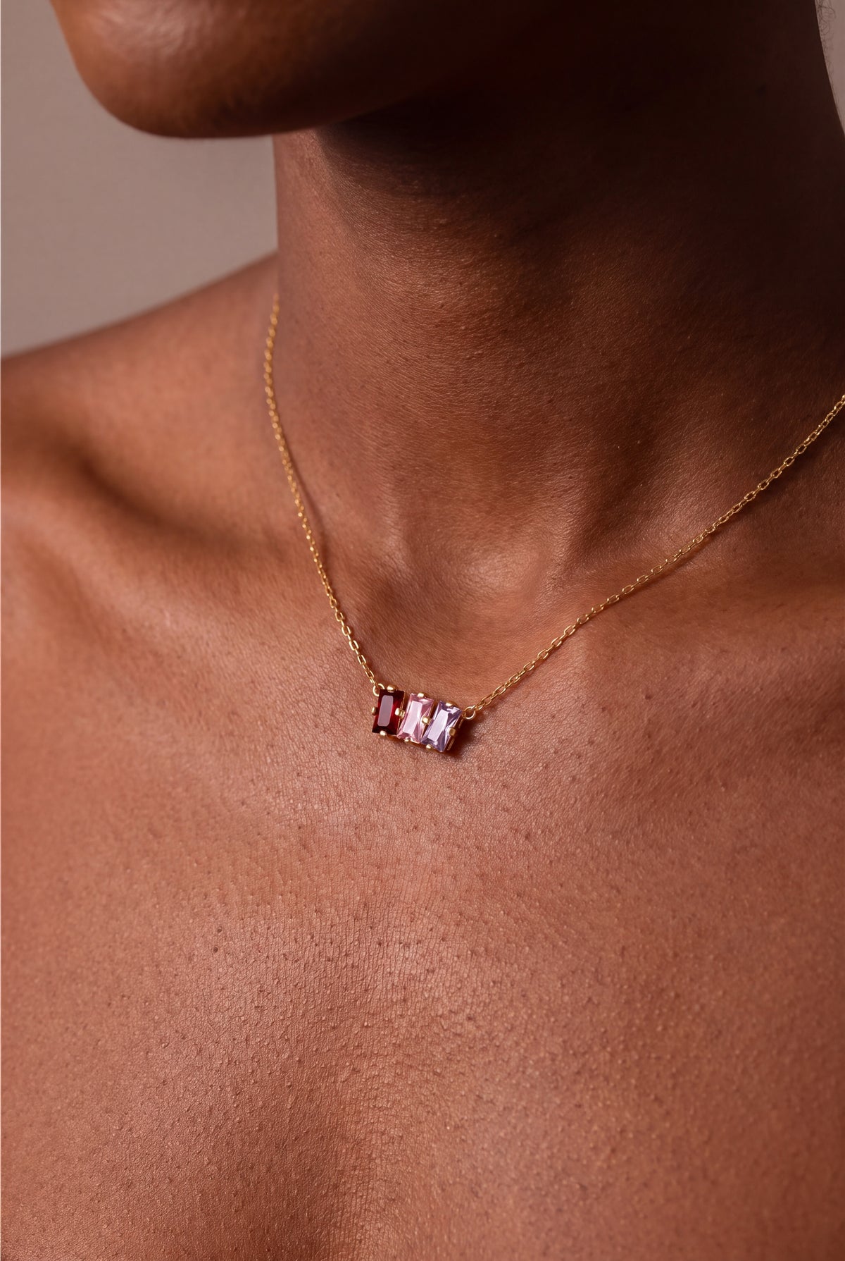 Personalized Three Baguette Birthstone Necklace – on model, second view
