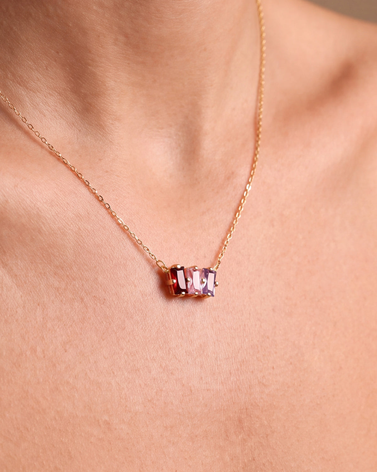Personalized Three Baguette Birthstone Necklace – close-up