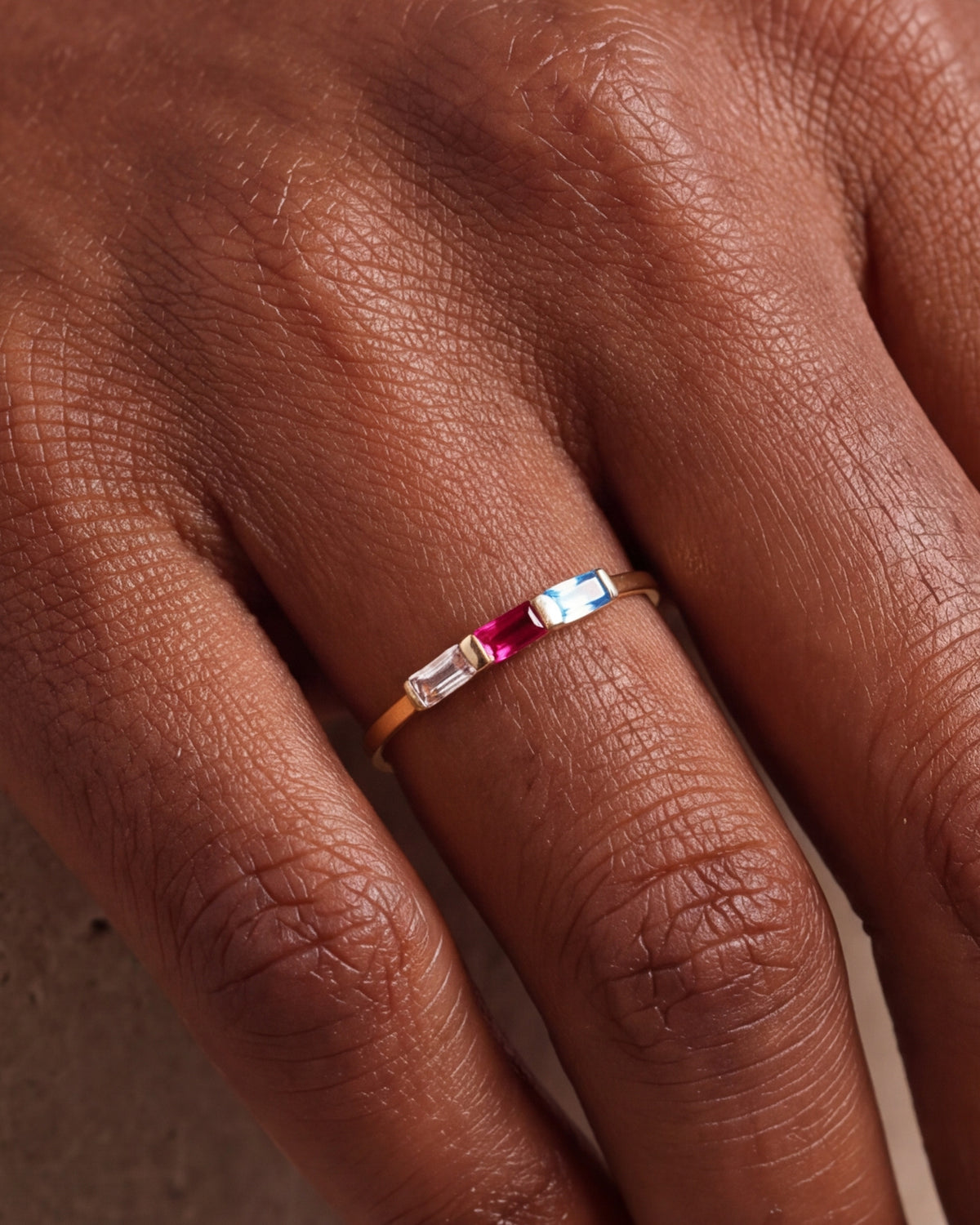 Personalized Three Baguette Birthstone Ring – close-up
