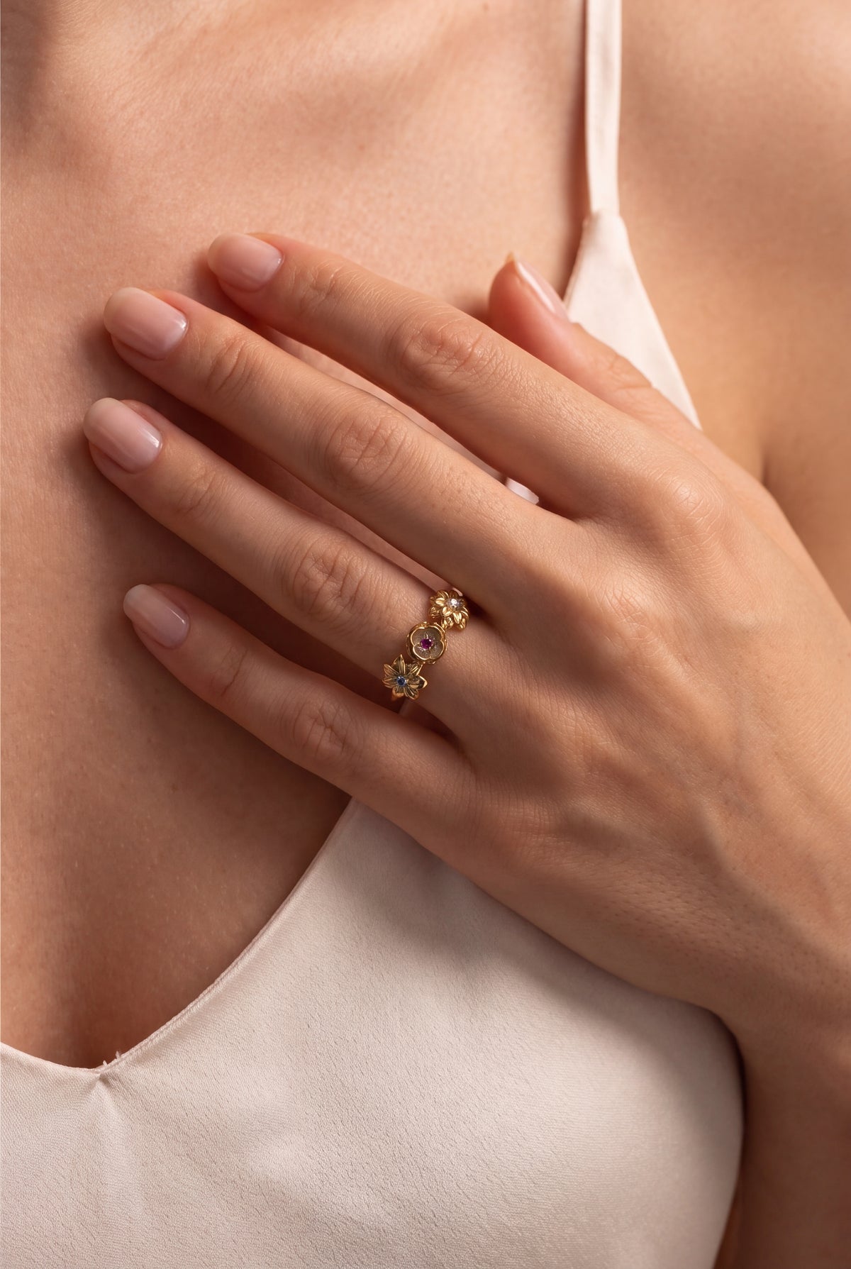 Personalized Three Flower Birthstone Ring – on model