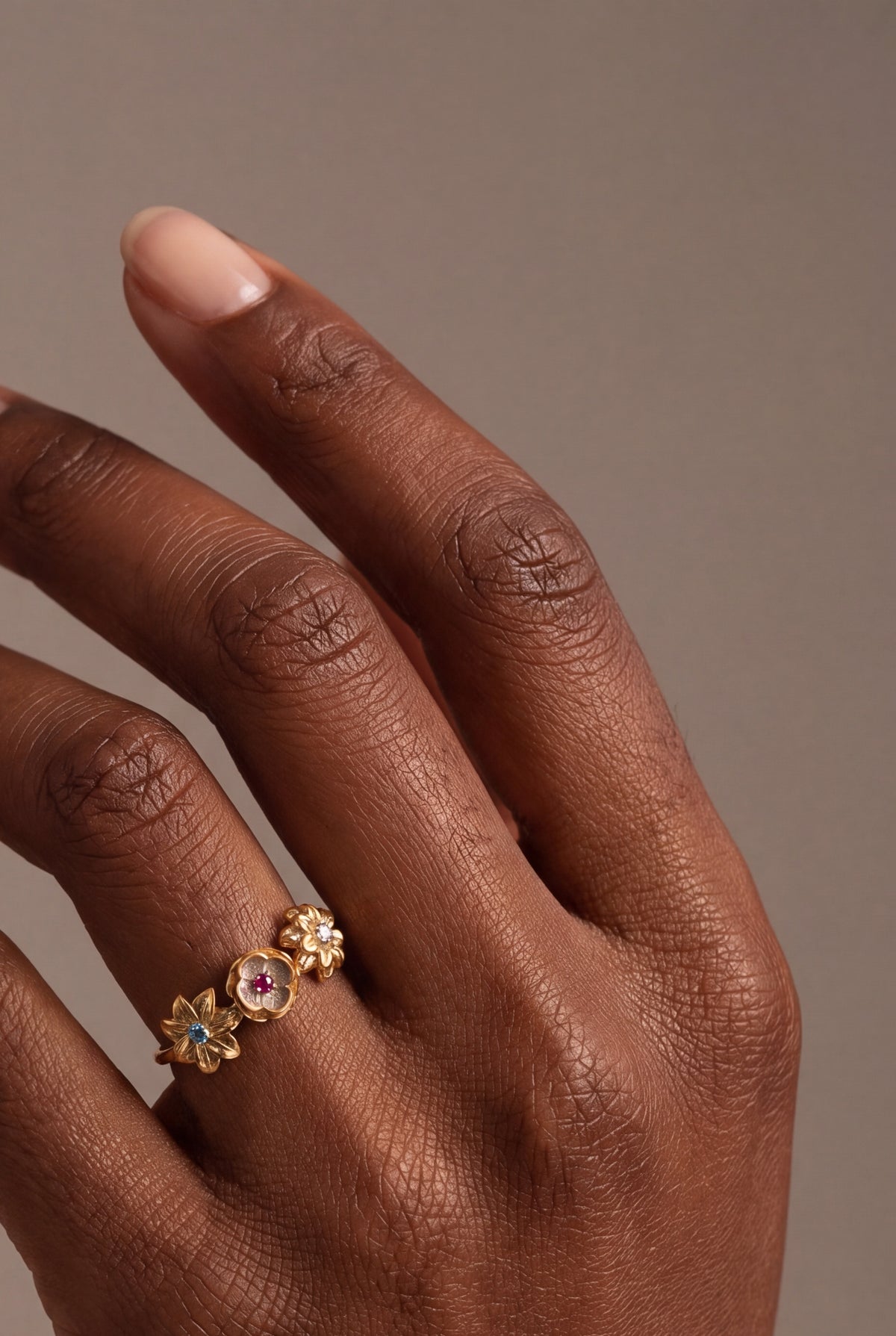 Personalized Three Flower Birthstone Ring – on model, second view