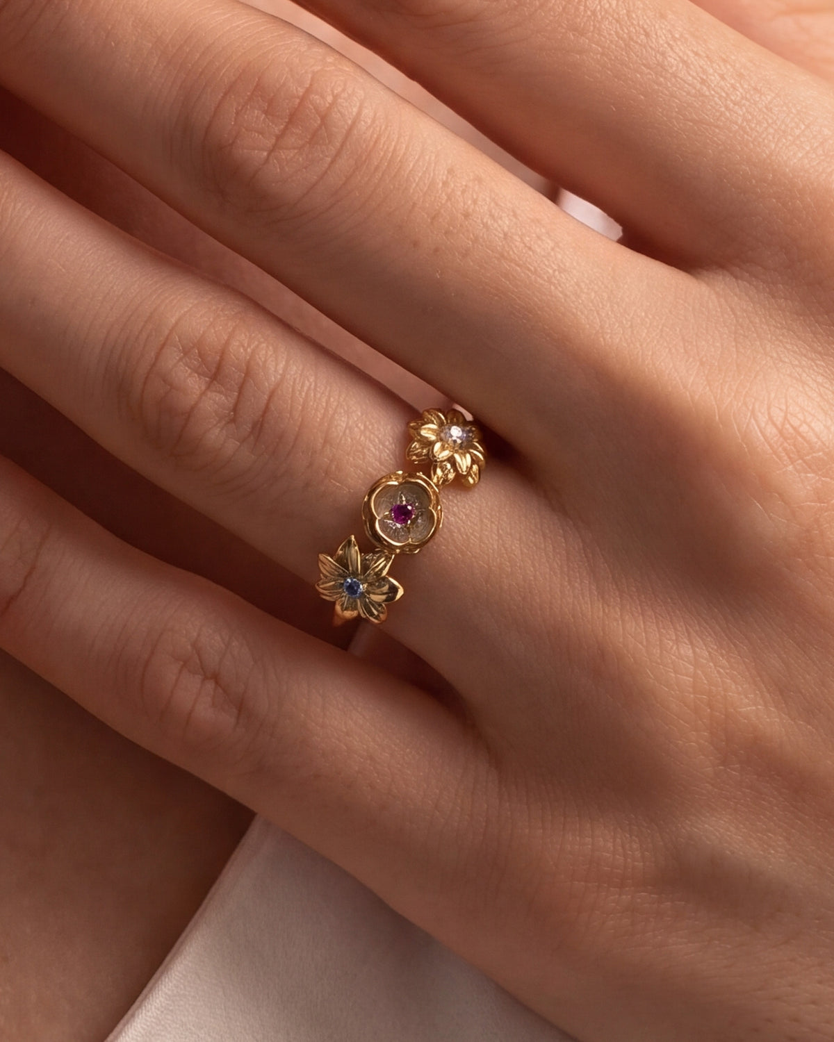 Personalized Three Flower Birthstone Ring – close-up