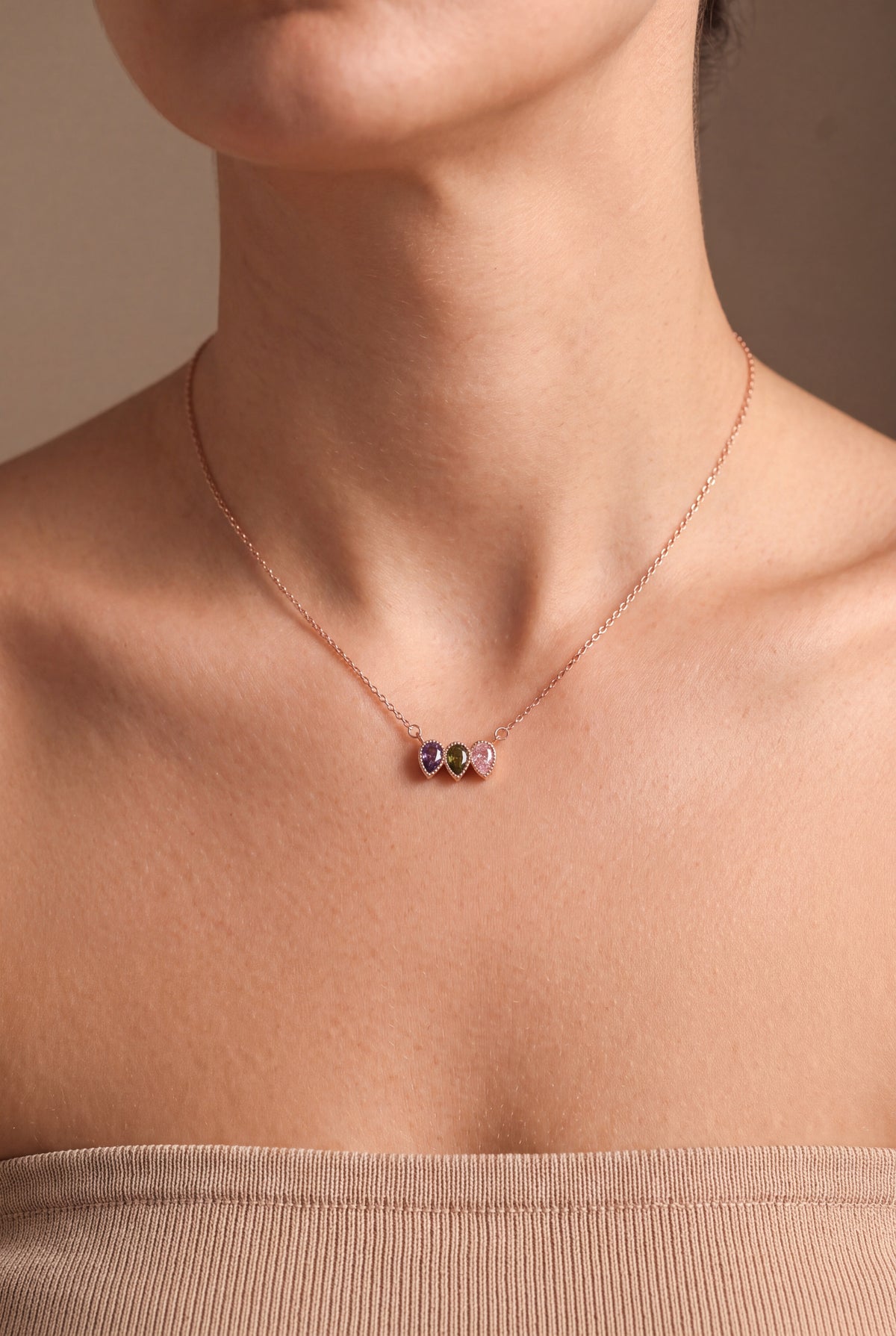 Personalized Three Teardrop Birthstone Necklace – on model, second view