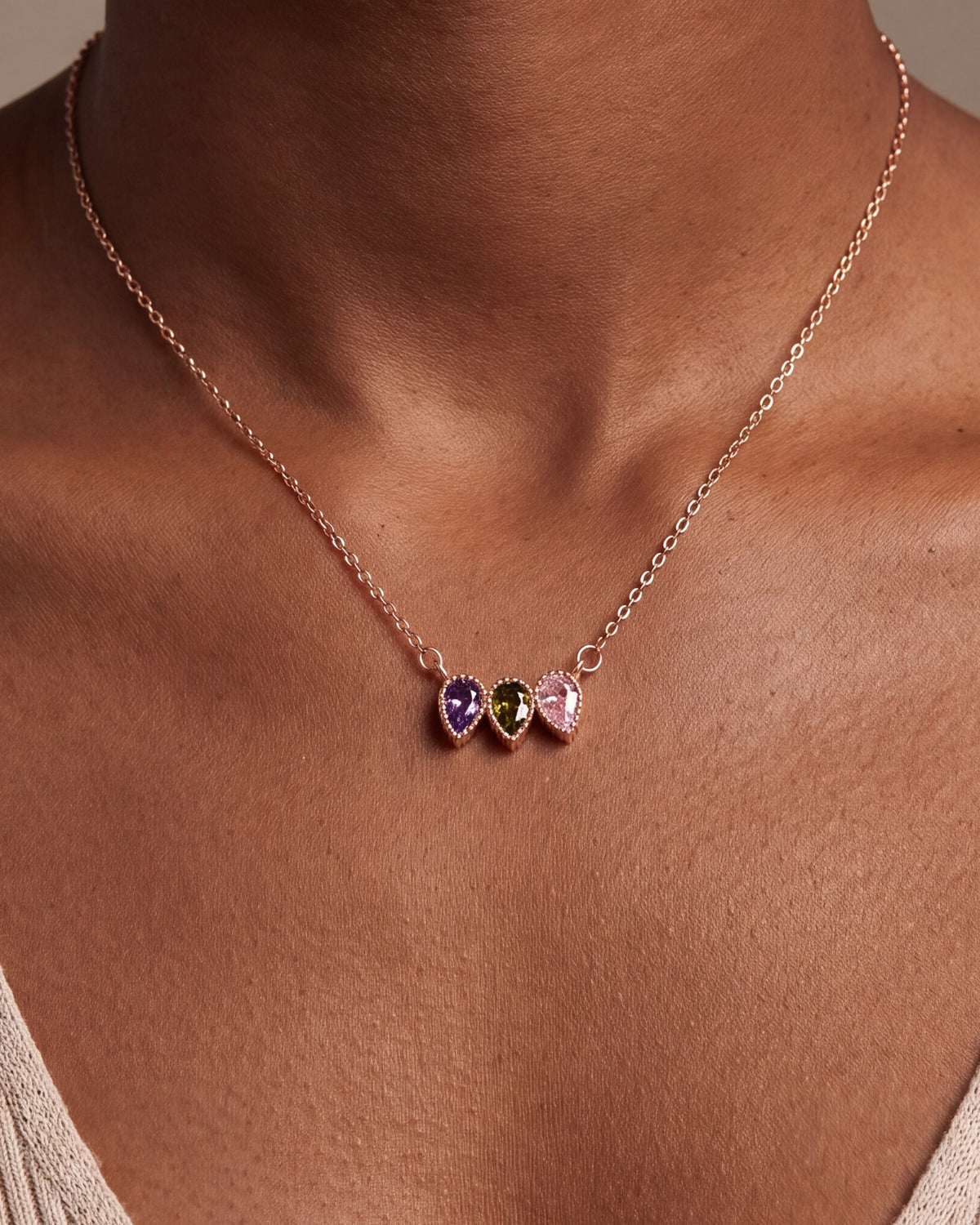 Personalized Three Teardrop Birthstone Necklace – close-up