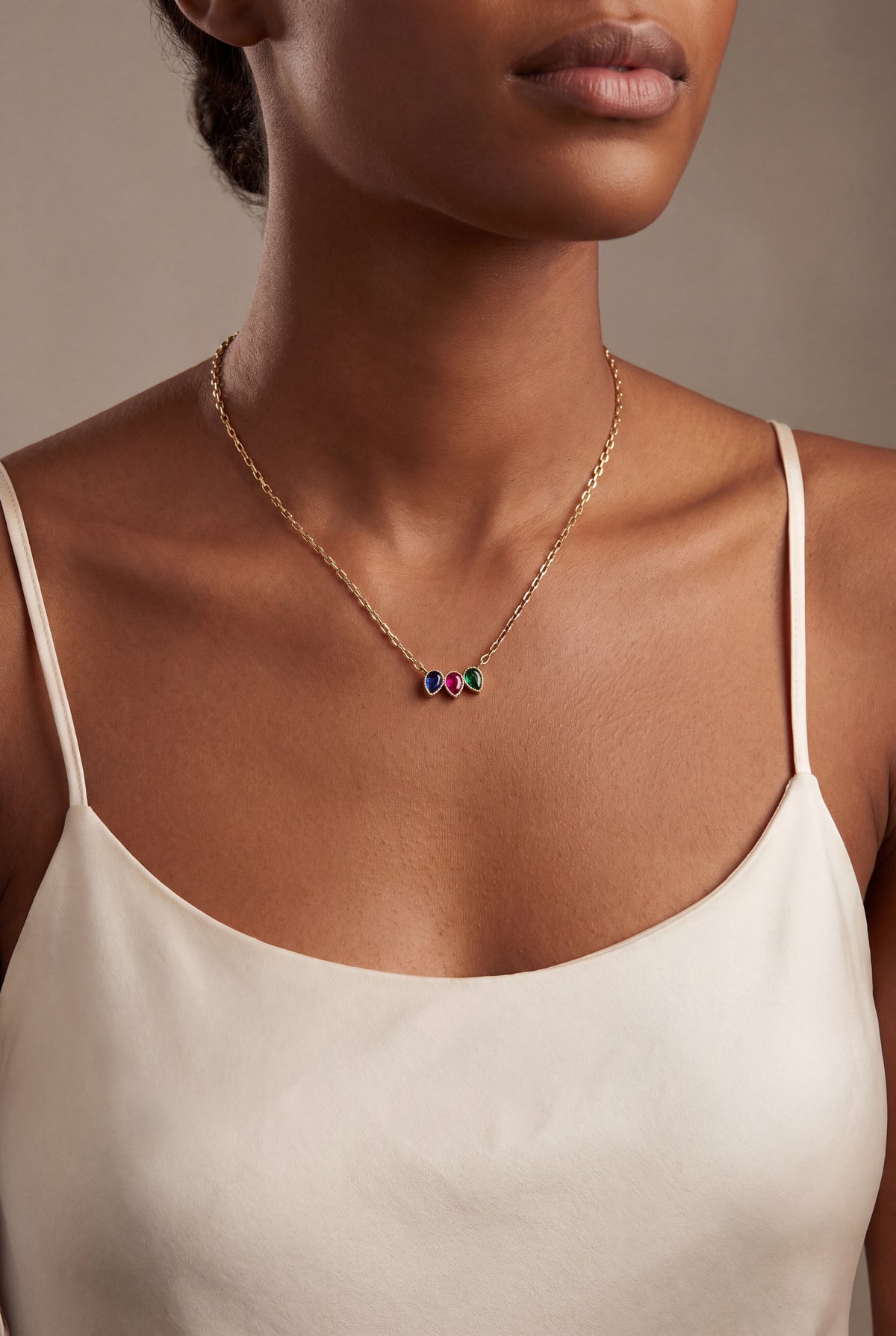 Personalized Three Teardrop Birthstone Row Necklace – on model