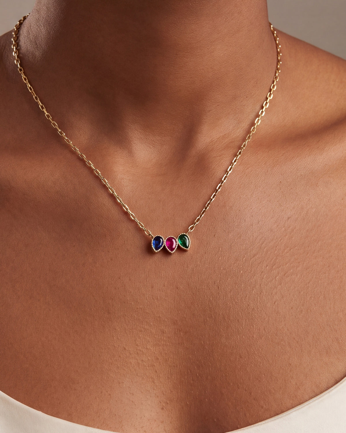 Personalized Three Teardrop Birthstone Row Necklace – close-up