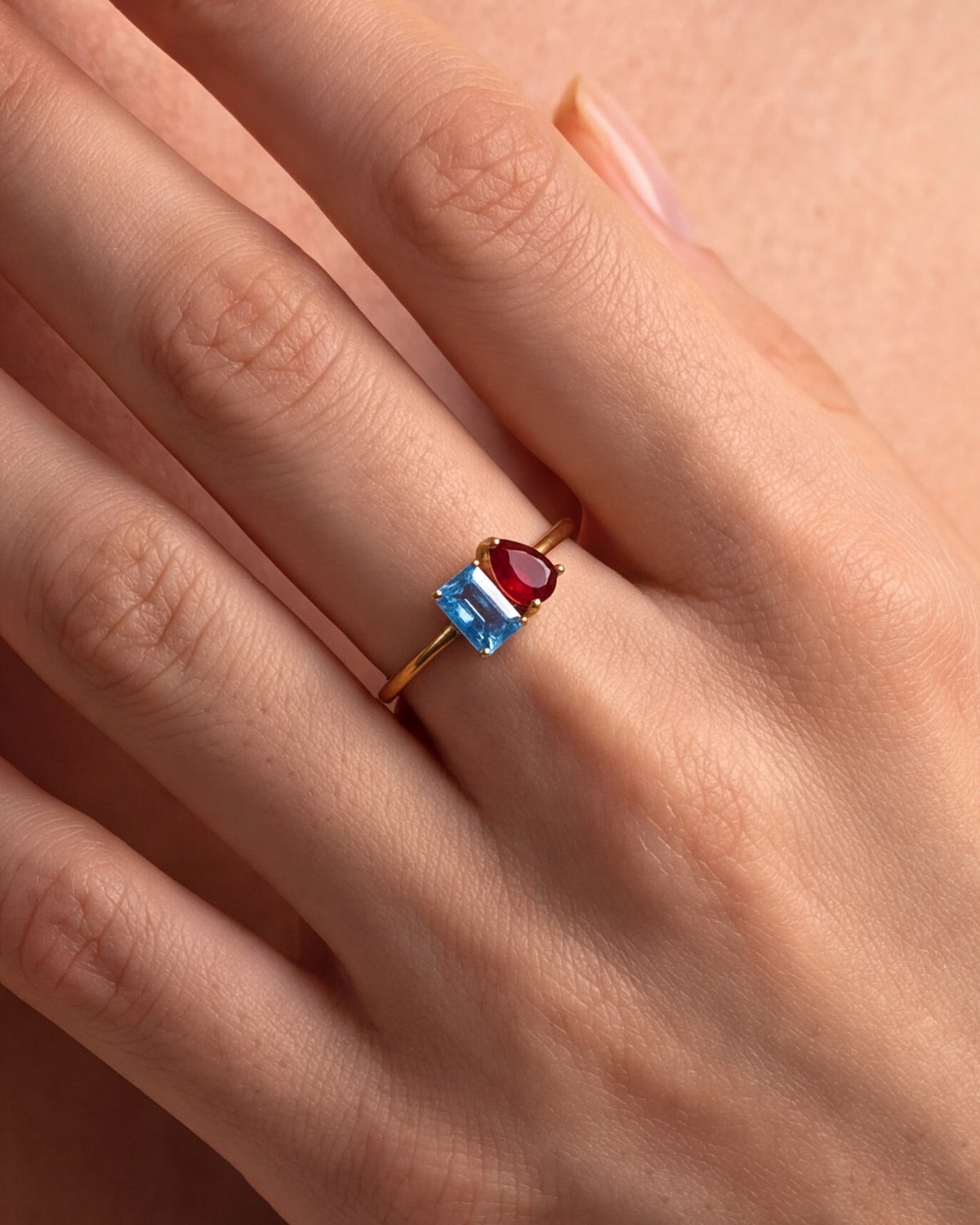 Personalized Toi et Moi Emerald-Cut & Pear Birthstone Ring – close-up